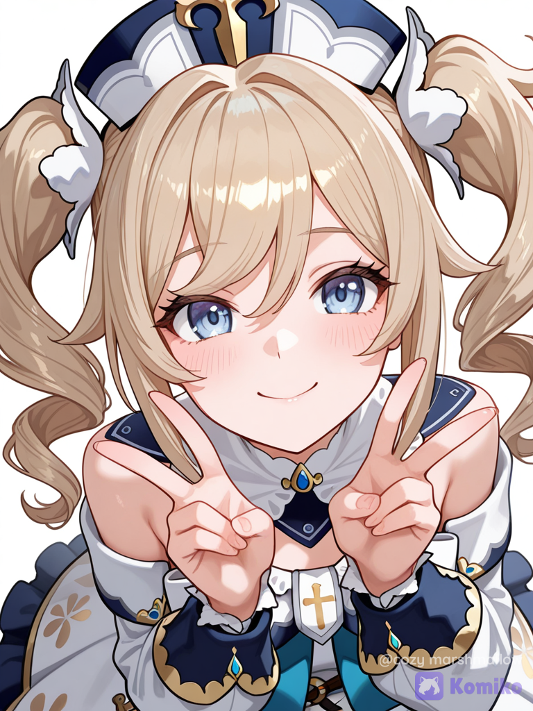[soft-luminous-anime-style], @Barbara_(Genshin_Impact), v sign, pleated skirt, lolita outfit, layer skirt, upper body
