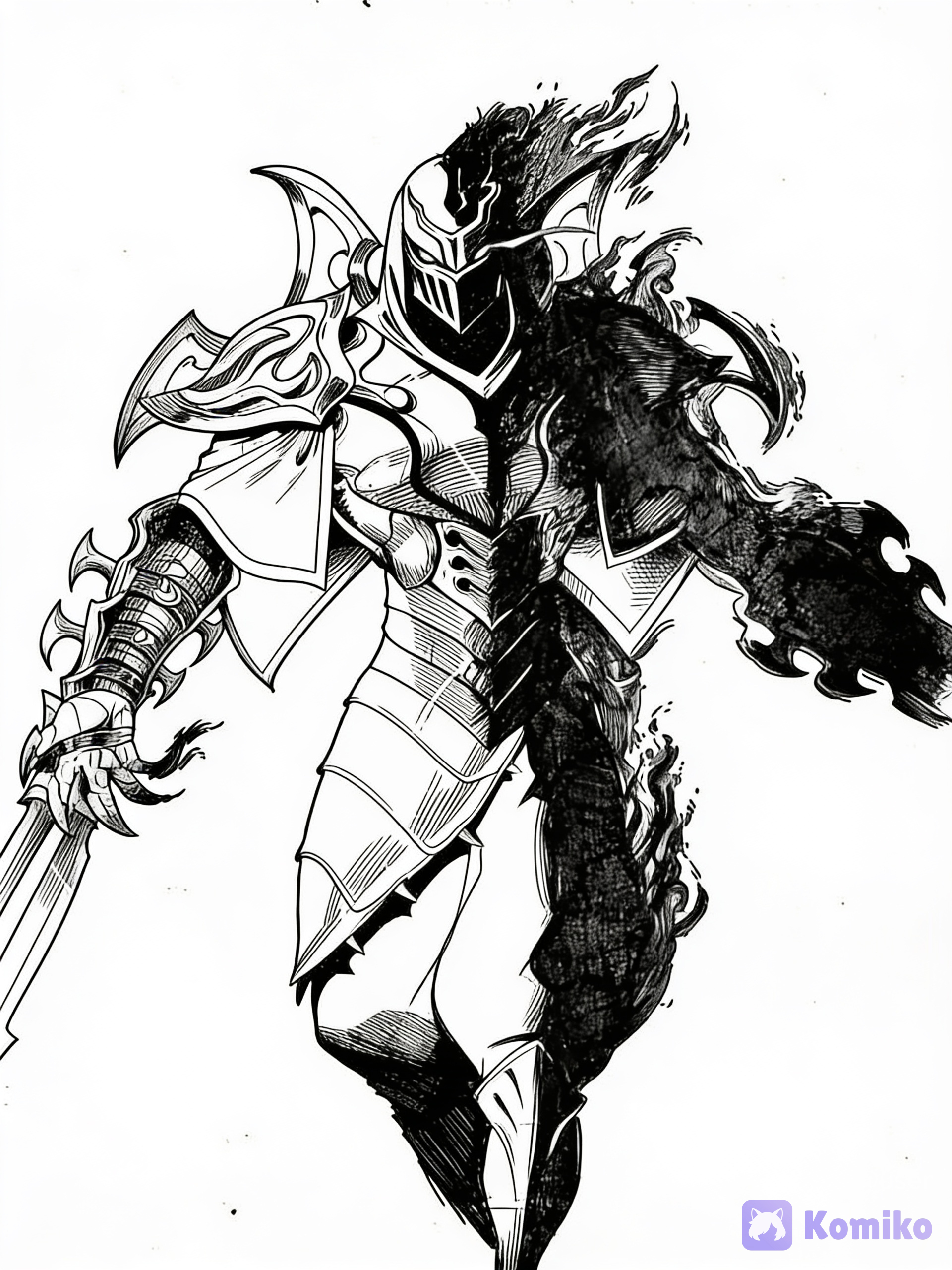 Convert this image into a purely black-and-white line drawing. The image currently features two different drawing styles: on the left, the lines are black and the negative space is white, while the right side is the reverse. Please make the details clearer to facilitate sketching., black and white manga style