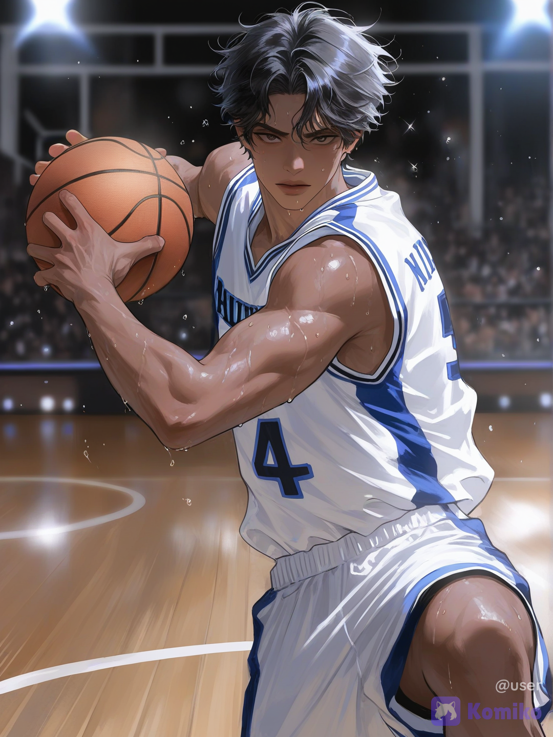 1boy, um jogador de basquetebol um jogador profissional na NBA um jogador muito profissional na NBA, [polished-illustration-style], studio lighting, spotlight, window light, ambient light ele é um jogador muito profissional jogador incrível o jogador tão profissional que eu quero fazer um peso ai isso mesmo