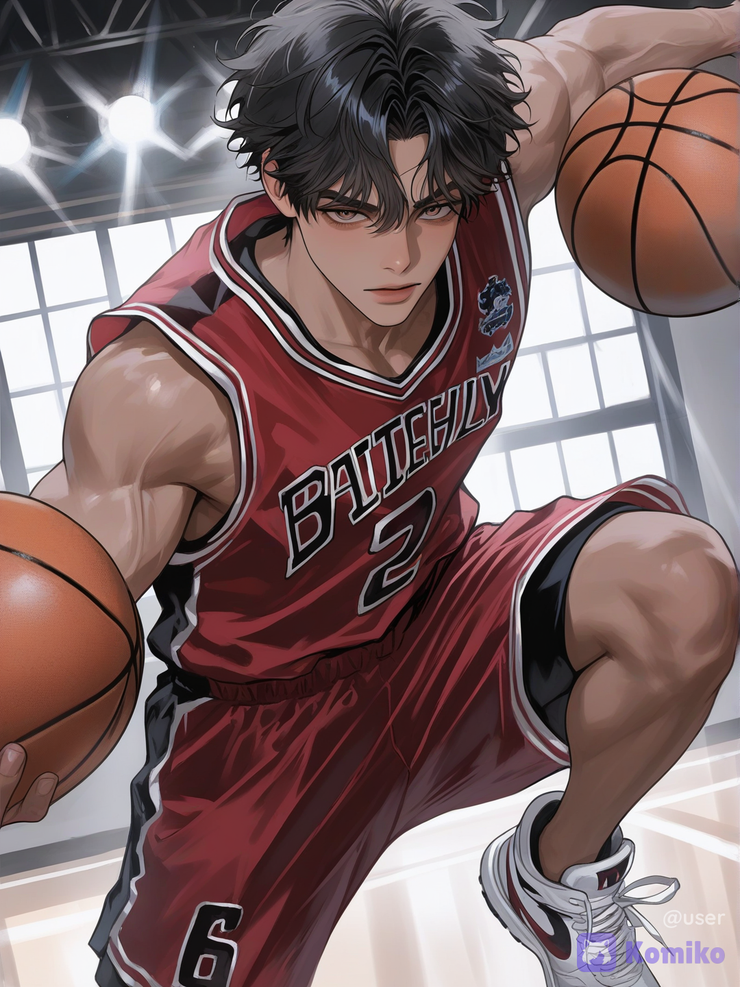 1boy, um jogador de basquetebol um jogador profissional na NBA um jogador muito profissional na NBA, [polished-illustration-style], studio lighting, spotlight, window light, ambient light ele é um jogador muito profissional jogador incrível o jogador tão profissional que eu quero fazer um peso ai isso mesmo