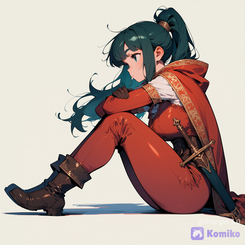 Woman, sitting, side view, looking ahead, knees up, elbows on knees, windy, long hair, dark green hair, High ponytail, thick bangs, embroidered outfits, Red and gold outfits, medieval fashion, mage outfit, pong sleeves, long pants, boots, gloves, cape, sword, glossy, pastel colors, graceful curvy