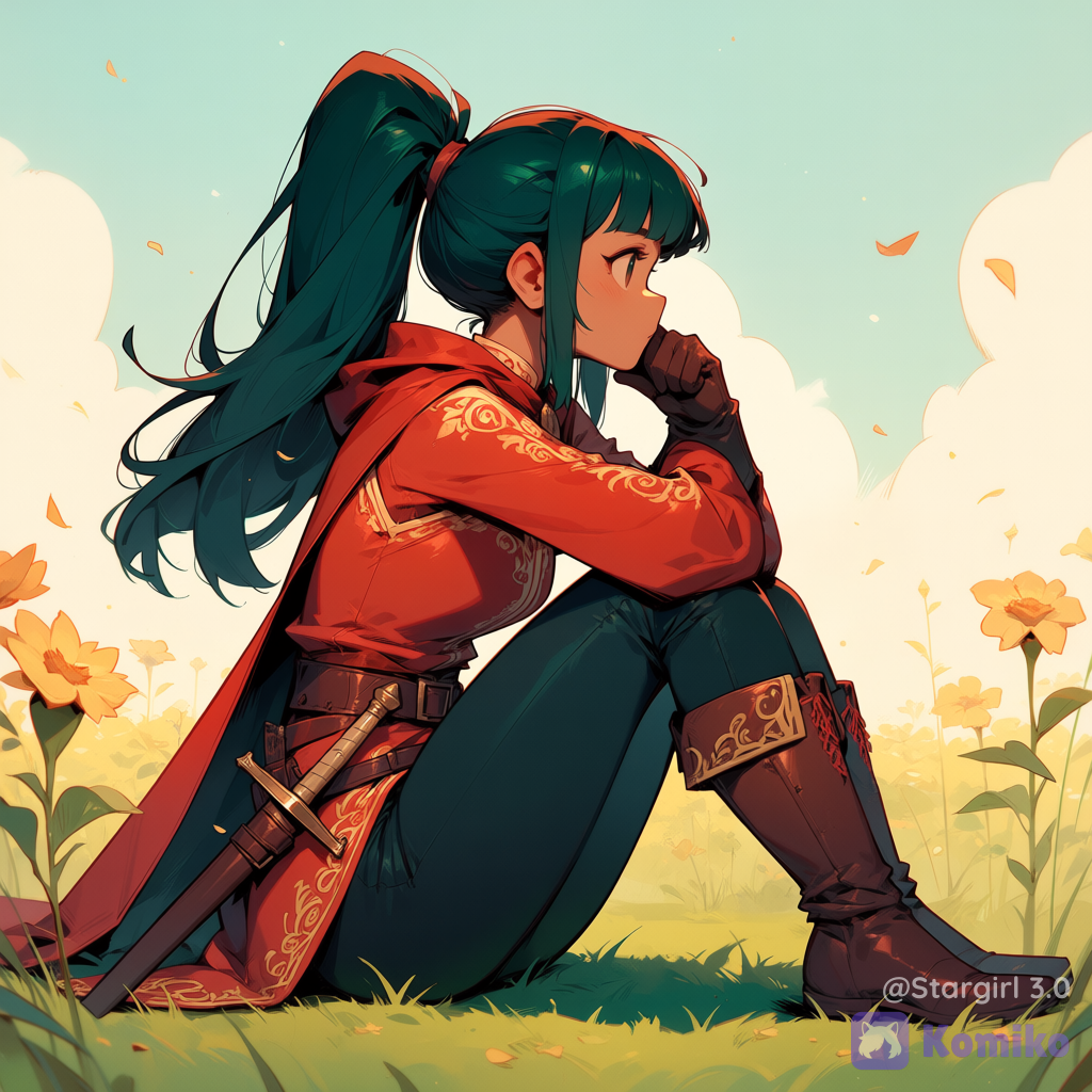 Woman, sitting, side view, looking ahead, knees up, elbows on knees, windy, long hair, dark green hair, High ponytail, thick bangs, embroidered outfits, Red and gold outfits, medieval fashion, mage outfit, pong sleeves, long pants, boots, gloves, cape, sword, glossy, pastel colors, graceful curvy, field background, Sky background