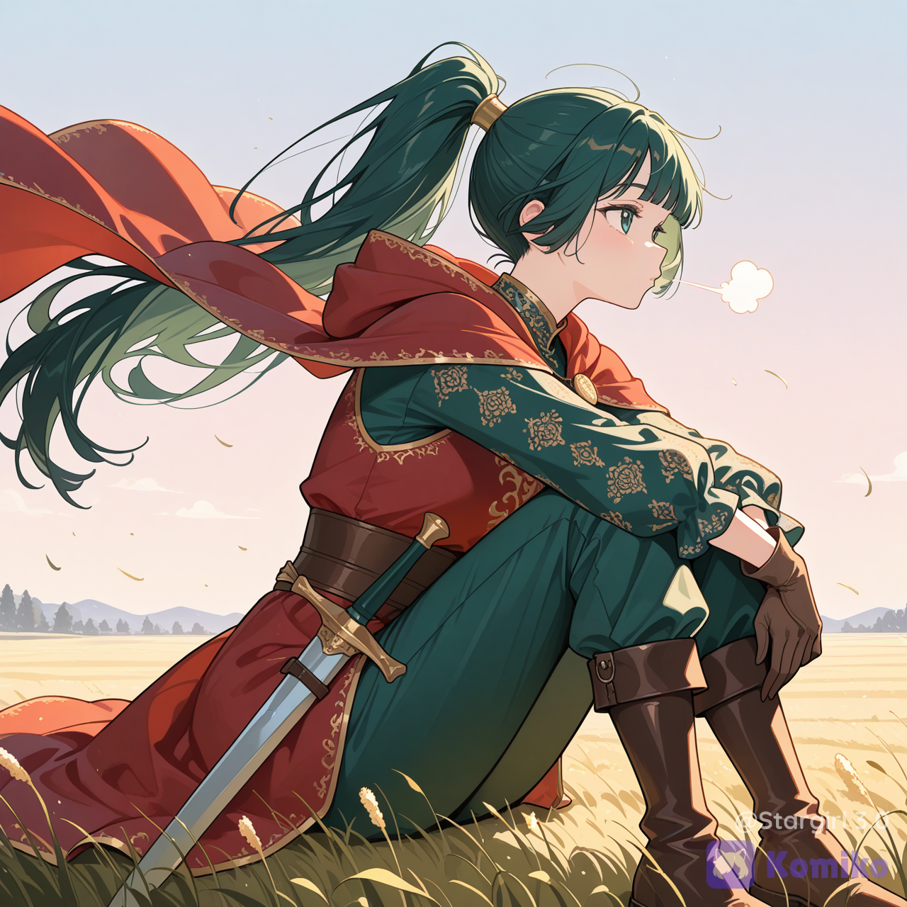 Woman, sitting, side view, looking ahead, knees up, elbows on knees, windy, long hair, dark green hair, High ponytail, thick bangs, embroidered outfits, Red and gold outfits, medieval fashion, mage outfit, pong sleeves, long pants, boots, gloves, cape, sword, glossy, pastel colors, graceful curvy, field background, Sky background