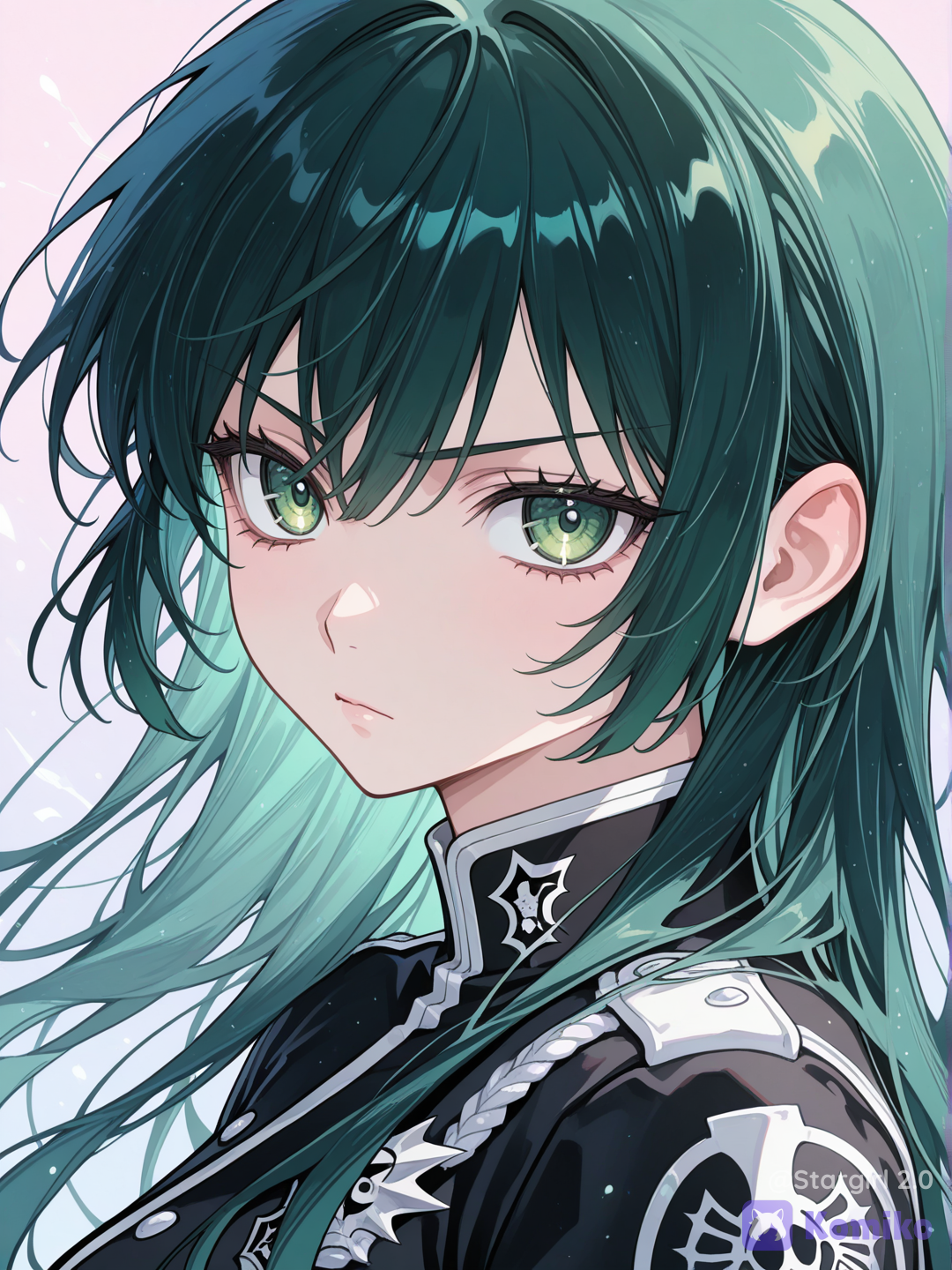 d.gray-man character, d.gray-man style, woman, looking at viewer, side view, close up, serious, dark green hair, green eyes, green eyes, black order uniform, glossy, pastel colors
