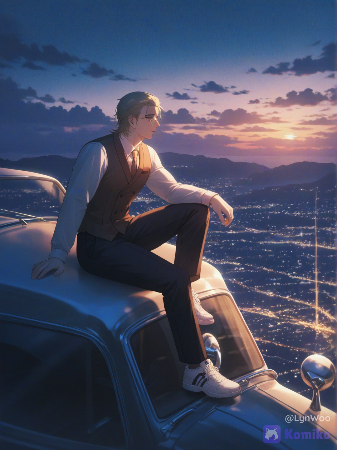 A cinematic, nostalgic sunset photograph, a panoramic view from an elevated vantage point overlooking a large, illuminated city next to a lake or bay. In the foreground, a dark classic car parked on a hill, with @lynwoo-20-iNiS sitting on the hood, gazing calmly out at the landscape. In the background, a sprawling city filled with small, warm lights stretches along the water, surrounded by a chain of dark mountains. A vast sky with soft, dramatic clouds, transitioning from sky blue to pastel pink, lavender, and peach tones near the horizon. Soft, diffused lighting; a dreamy, romantic, and contemplative atmosphere; light mist; analog photographic grain; vintage film texture; a slightly washed-out lens effect; low contrast; pastel colors; a wide, balanced composition; the aesthetic of indie photography from the ’80s–’90s; a sense of freedom, solitude, and nostalgia; a cinematic look, [dreamy-haze-style]