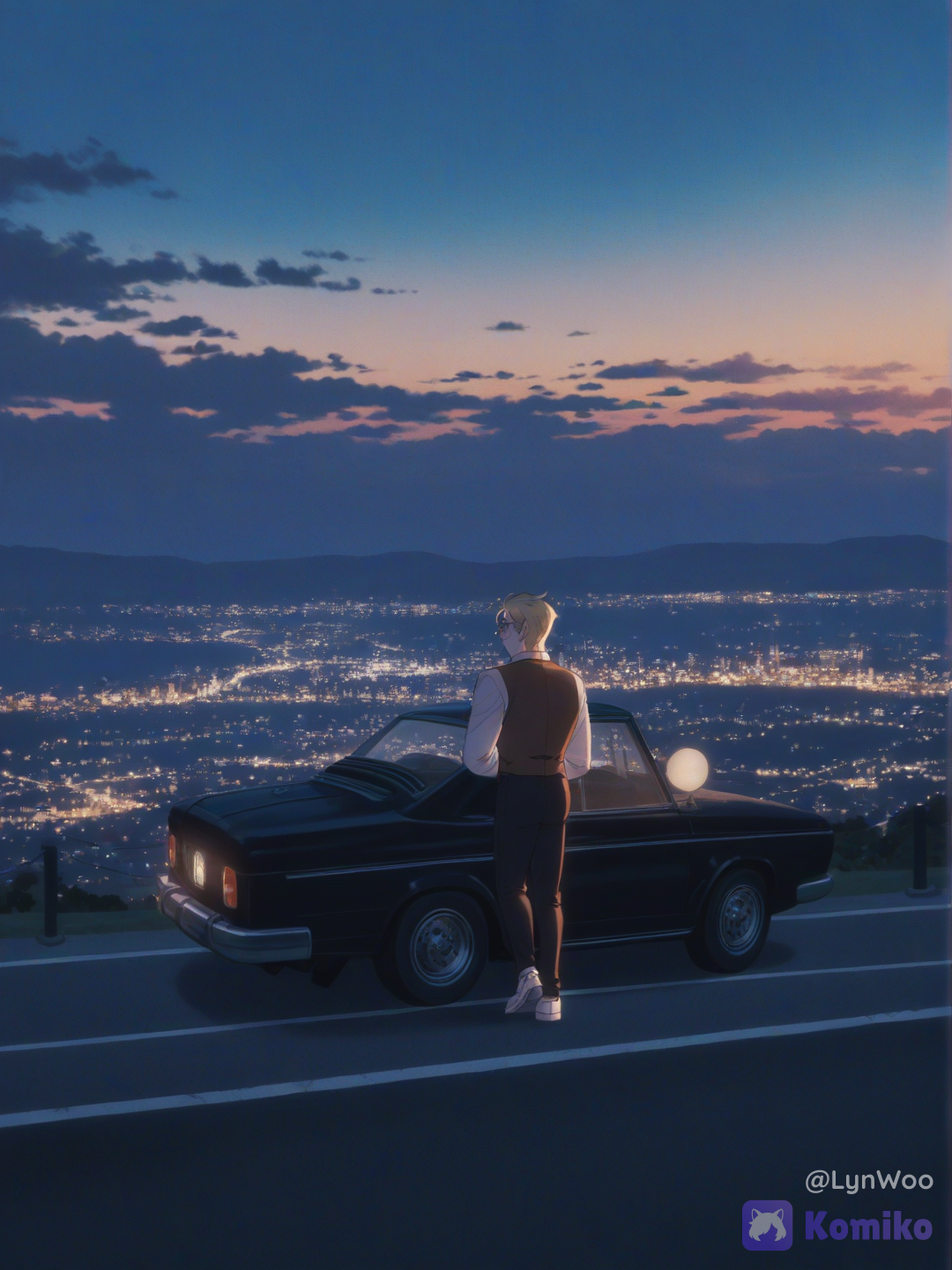 A cinematic, nostalgic sunset photograph, a panoramic view from an elevated vantage point overlooking a large, illuminated city next to a lake or bay. In the foreground, a dark classic car parked on a hill, with @lynwoo-20-iNiS sitting on the hood, gazing calmly out at the landscape. In the background, a sprawling city filled with small, warm lights stretches along the water, surrounded by a chain of dark mountains. A vast sky with soft, dramatic clouds, transitioning from sky blue to pastel pink, lavender, and peach tones near the horizon. Soft, diffused lighting; a dreamy, romantic, and contemplative atmosphere; light mist; analog photographic grain; vintage film texture; a slightly washed-out lens effect; low contrast; pastel colors; a wide, balanced composition; the aesthetic of indie photography from the ’80s–’90s; a sense of freedom, solitude, and nostalgia; a cinematic look, [dreamy-haze-style]