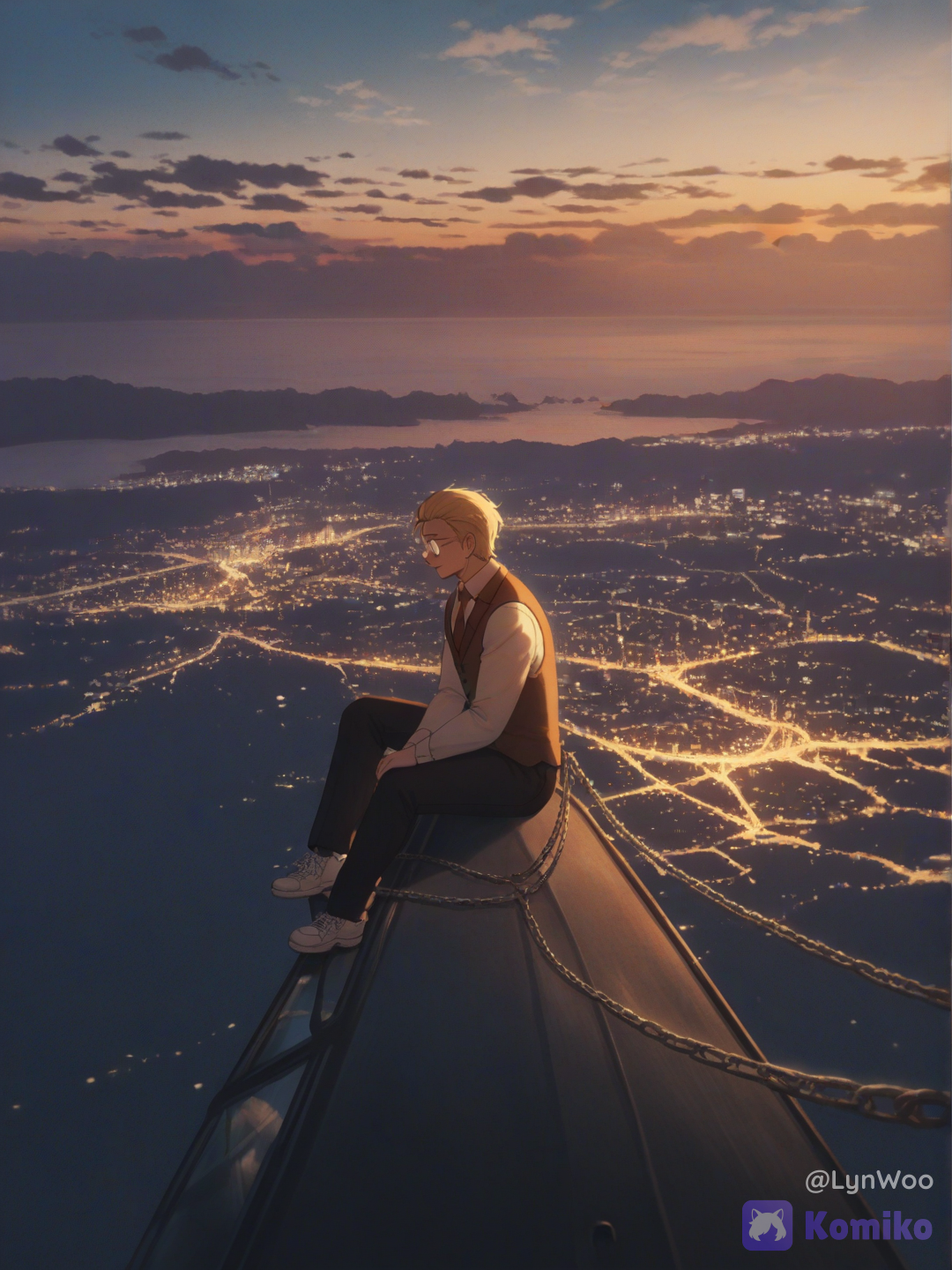 A cinematic, nostalgic sunset photograph, a panoramic view from an elevated vantage point overlooking a large, illuminated city next to a lake or bay. In the foreground, a dark classic car parked on a hill, with @lynwoo-20-iNiS sitting on the hood, sport car, gazing calmly out at the landscape. In the background, a sprawling city filled with small, warm lights stretches along the water, surrounded by a chain of dark mountains. A vast sky with soft, dramatic clouds, transitioning from sky blue to pastel pink, lavender, and peach tones near the horizon. Soft, diffused lighting; a dreamy, romantic, and contemplative atmosphere; light mist; analog photographic grain; vintage film texture; a slightly washed-out lens effect; low contrast; pastel colors; a wide, balanced composition; the aesthetic of indie photography from the ’80s–’90s; a sense of freedom, solitude, and nostalgia; a cinematic look, [dreamy-haze-style]