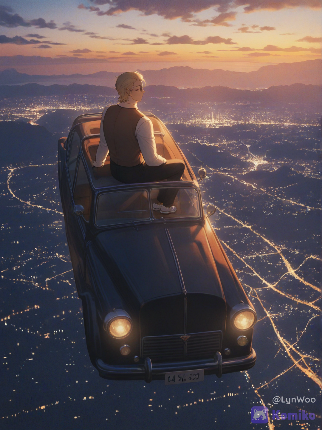 A cinematic, nostalgic sunset photograph, a panoramic view from an elevated vantage point overlooking a large, illuminated city next to a lake or bay. In the foreground, a dark classic car parked on a hill, with @lynwoo-20-iNiS sitting on the hood, sport car, gazing calmly out at the landscape. In the background, a sprawling city filled with small, warm lights stretches along the water, surrounded by a chain of dark mountains. A vast sky with soft, dramatic clouds, transitioning from sky blue to pastel pink, lavender, and peach tones near the horizon. Soft, diffused lighting; a dreamy, romantic, and contemplative atmosphere; light mist; analog photographic grain; vintage film texture; a slightly washed-out lens effect; low contrast; pastel colors; a wide, balanced composition; the aesthetic of indie photography from the ’80s–’90s; a sense of freedom, solitude, and nostalgia; a cinematic look, [dreamy-haze-style]