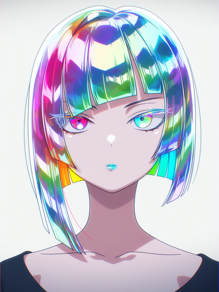 1girl, solo, upper body, geometric haircut, sharp bangs, asymmetrical hime cut, rainbow hair, translucent hair, prismatic hair strands, light leak, split-color eyes, magenta eyes, cyan eyes, blank stare, glossy lips, high-contrast, minimalist background, iridescent, colorful reflection, [smooth-satin-illustration-style]