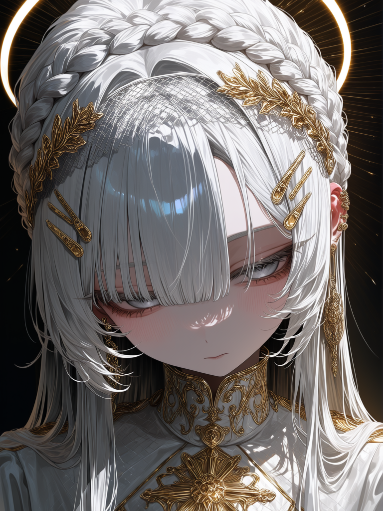 1girl, solo, close-up, halo braid, caged braid, hair sculpture, crown braid, hair structure, hair visor, hair mesh, braided crown, curtain bangs, narrow eyes, silver eyes, blank stare, hair ornaments, gold hair pins, chiaroscuro, ethereal, high contrast, [vivid-close-up-style]