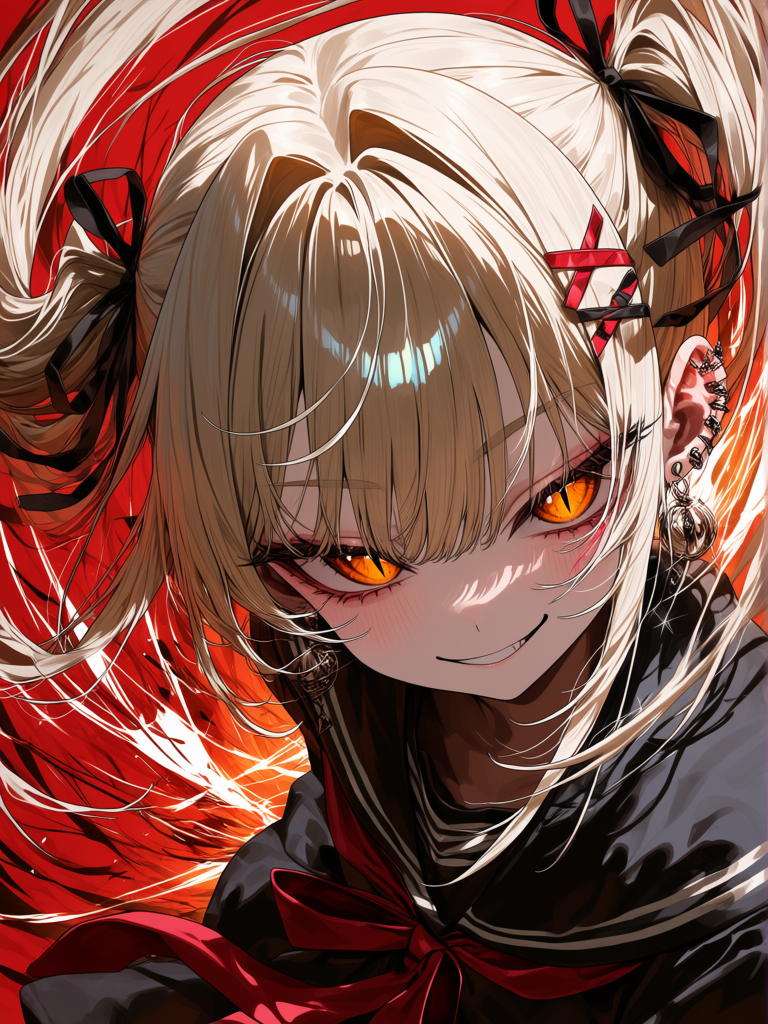 1girl, solo, ribbon hair, sharp hair strands, stylized hair, architectural hair, floating locks, extreme wind, hair swirled around head, sharp focal point, slit pupils, amber eyes, subtle smirk, abstract background, stylized anime, [vivid-close-up-style]