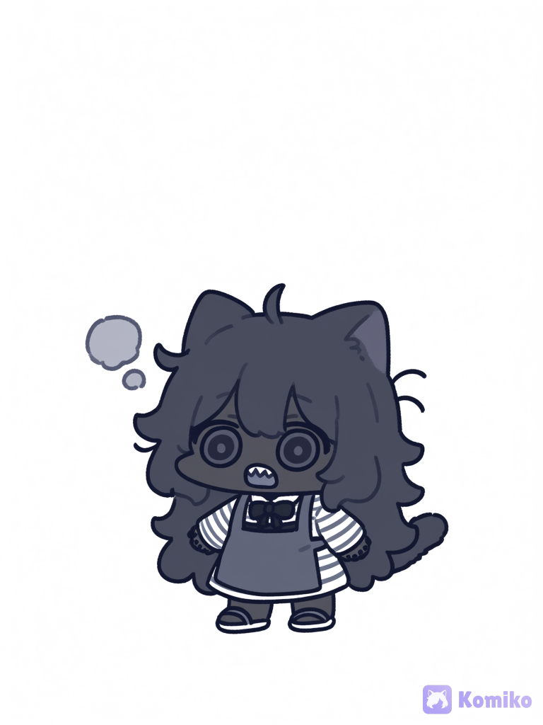 @katherine-BOxb, [chibi-sticker-style], black skin, black clothes, smoke, dizzy, after explosion, messy hair, black hair