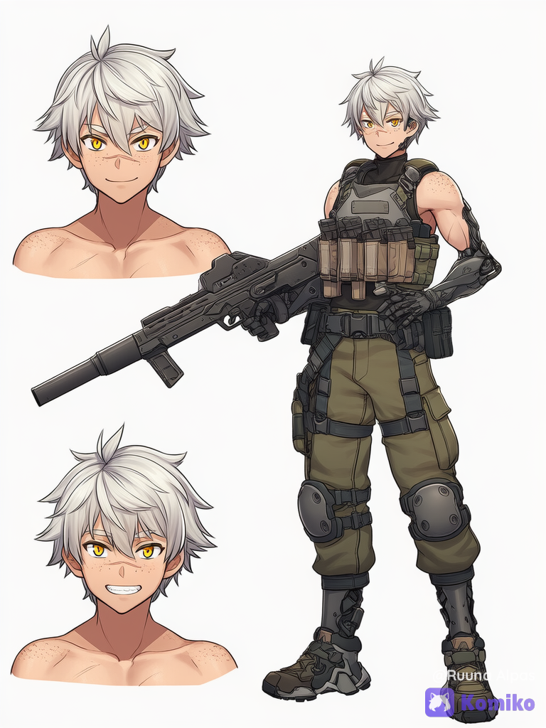 1boy, species: human, slightly pointed ears, flat chest, full body, freckles on face, freckles on shoulders, short shaggy hair, white hair, bright gold eyes, mech pilot suit, tactical vest, cargo pants, cybernetic arms, cybernetic legs, scars on body, scar across nose, character sheet, standing, smiling, holding gun