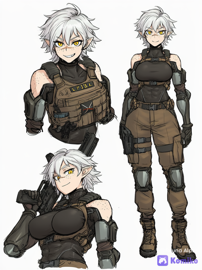 [action-manga-style], 1female, species: human, slightly pointed ears, full body, freckles on face, freckles on shoulders, short shaggy hair, white hair, bright gold eyes, mech pilot suit, tactical vest, cargo pants, cybernetic arms, cybernetic legs, scars on body, scar across nose, character sheet, standing, smiling, holding gun, curvy body