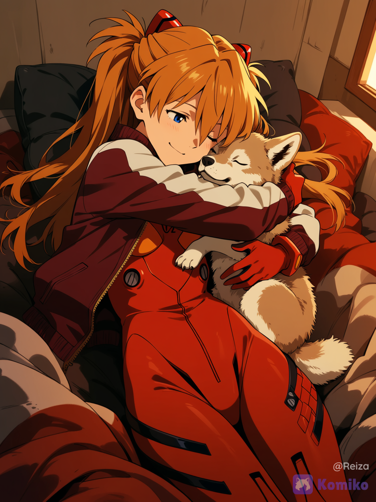@Souryuu_Asuka_Langley, jacket, open jacket, animal hug, wolf, Generate an image of Asuka wearing a jacket while this hugging a wolf cub in a cozy room surrounded by soft blankets