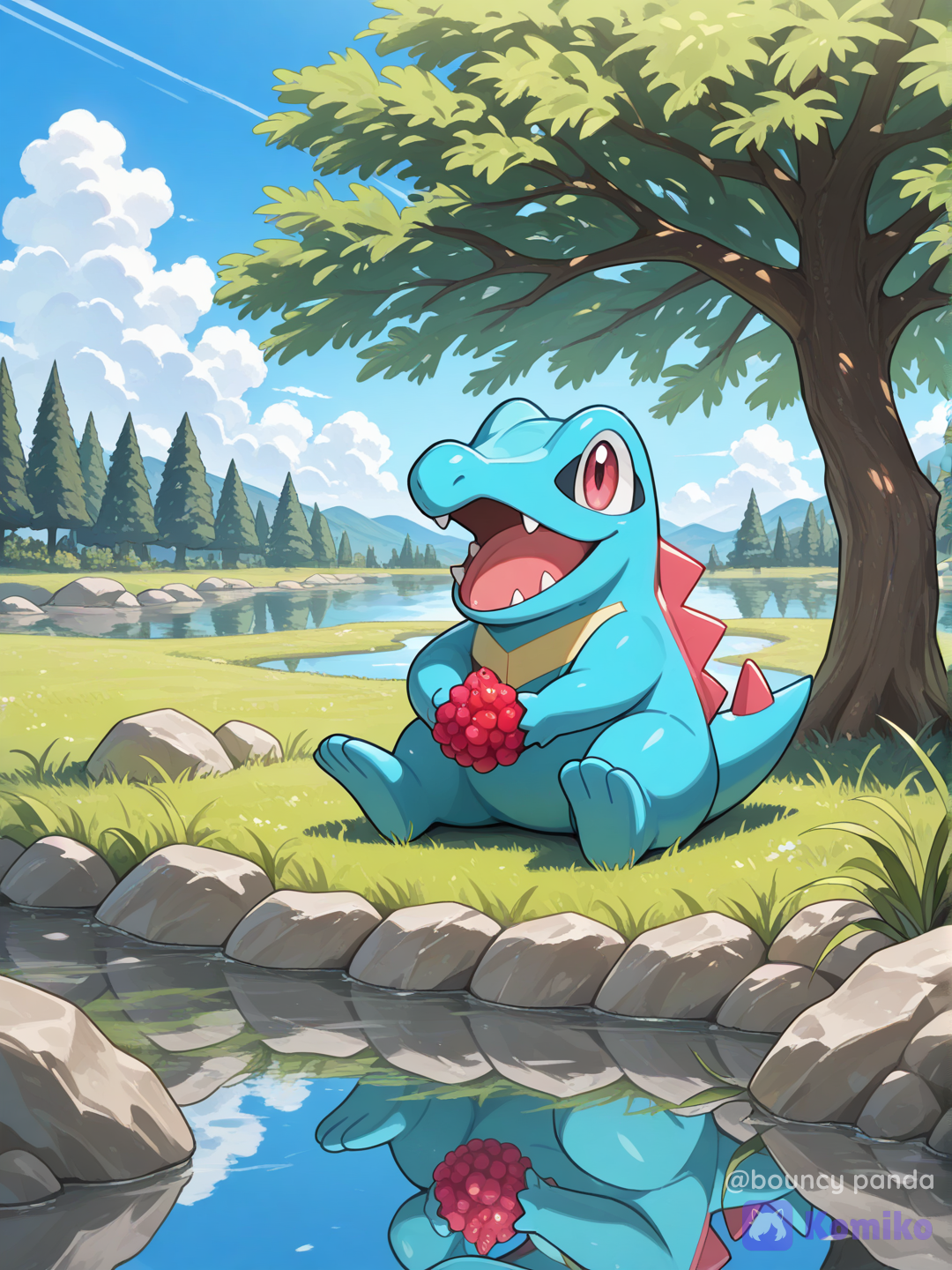Totodile from pokemon, location lakeside, sitting, holding a berry, smiling