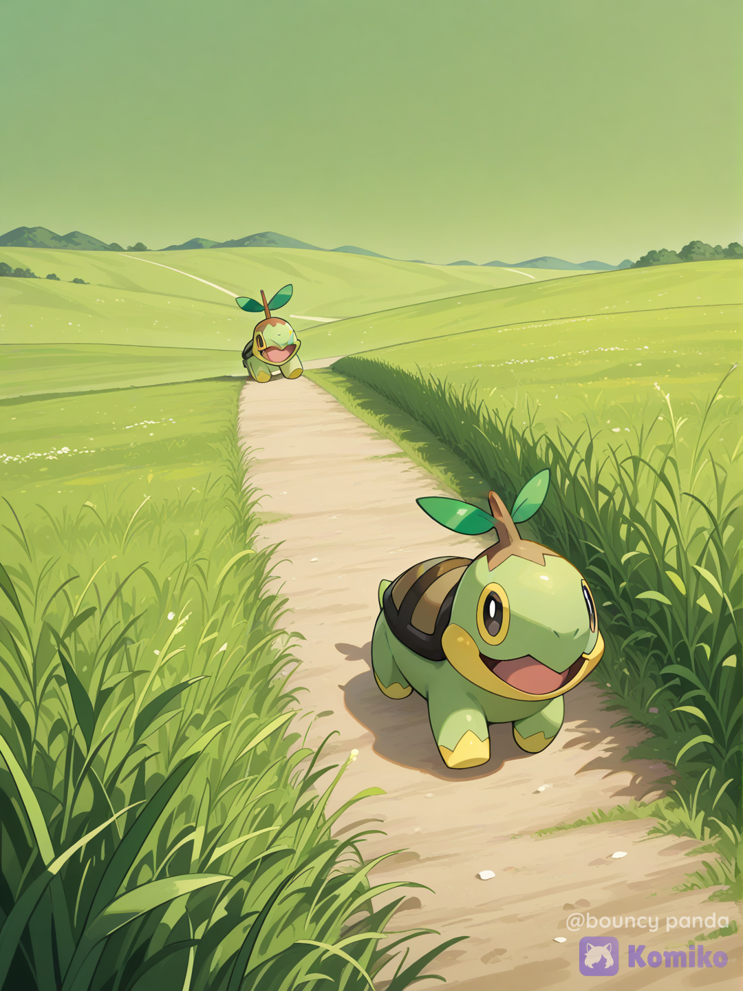 turtwig from pokemon, location grassland, walking, smiling