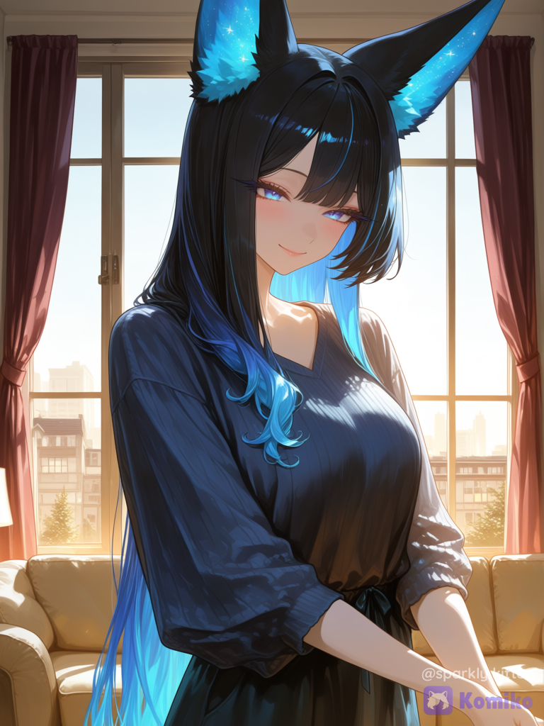 @veyra-aKed, upper body, arms open for a hug, comforting expression, cozy living room, tan couch behind her, ambient lighting, natural shading, shadows, wide window in background, sunlight coming through, maroon curtains, urban setting, [sensual-glossy-style]