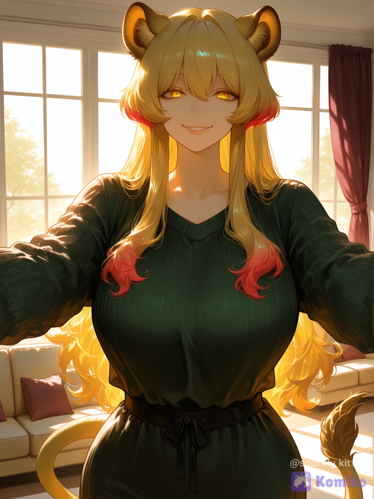 @solenne-O0hK, upper body, arms open for a hug, comforting expression, cozy living room, tan couch behind her, ambient lighting, natural shading, shadows, wide window in background, sunlight coming through, maroon curtains, urban setting, [sensual-glossy-style]