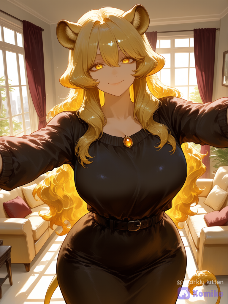 @solenne-O0hK, upper body, arms open for a hug, comforting expression, cozy living room, tan couch behind her, ambient lighting, natural shading, shadows, wide window in background, sunlight coming through, maroon curtains, urban setting, [sensual-glossy-style]