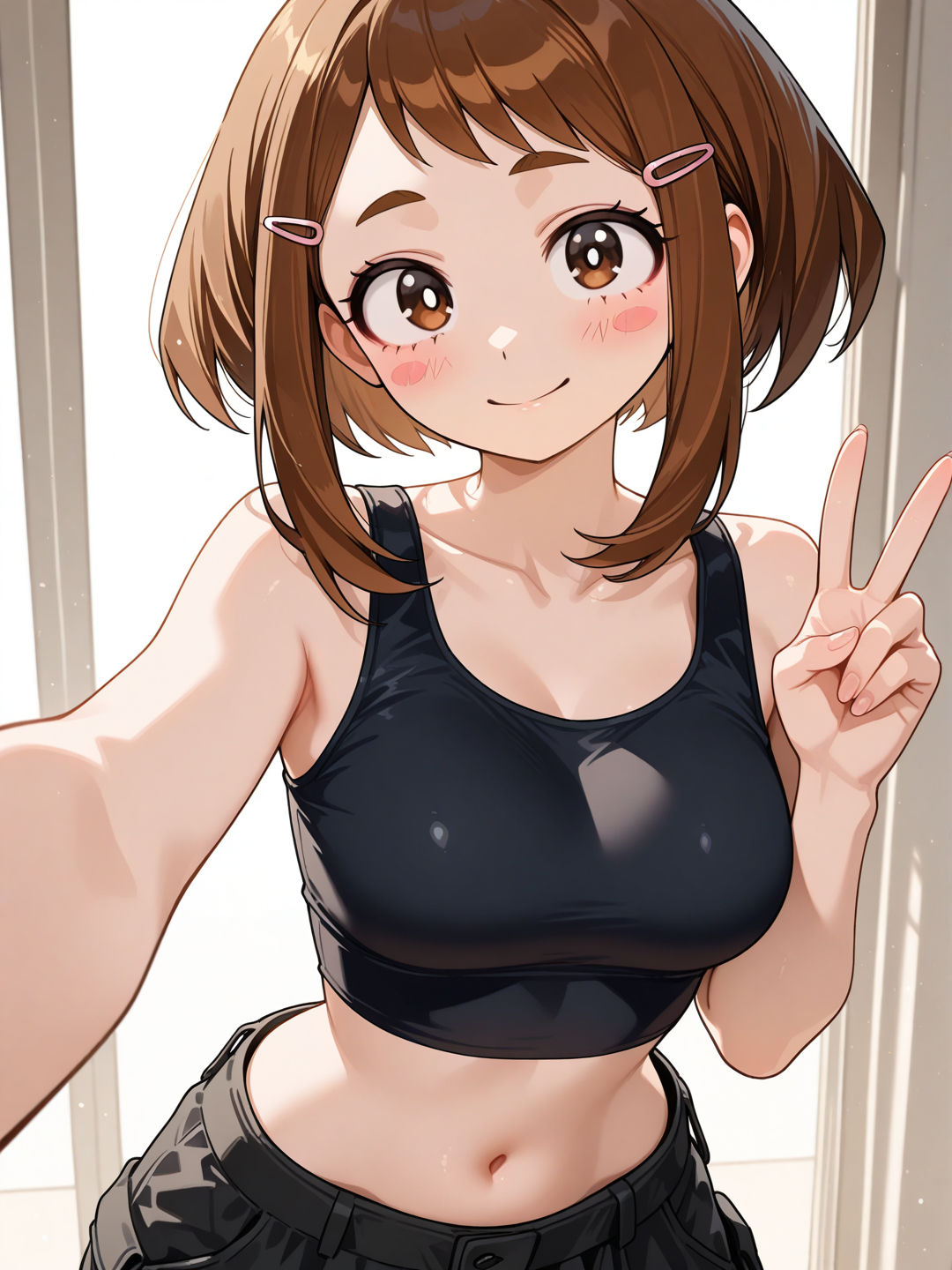 1girl, @Uraraka_Ochako plain loose crop top and black cargo pants, hair clips, makeup, closeup, peace sign