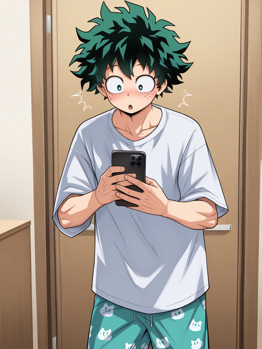 1boy, @Midoriya_Izuku, plain loose t shirt pajama pants, looking at phone, wide eyed, excited and astonished and blushing, standing