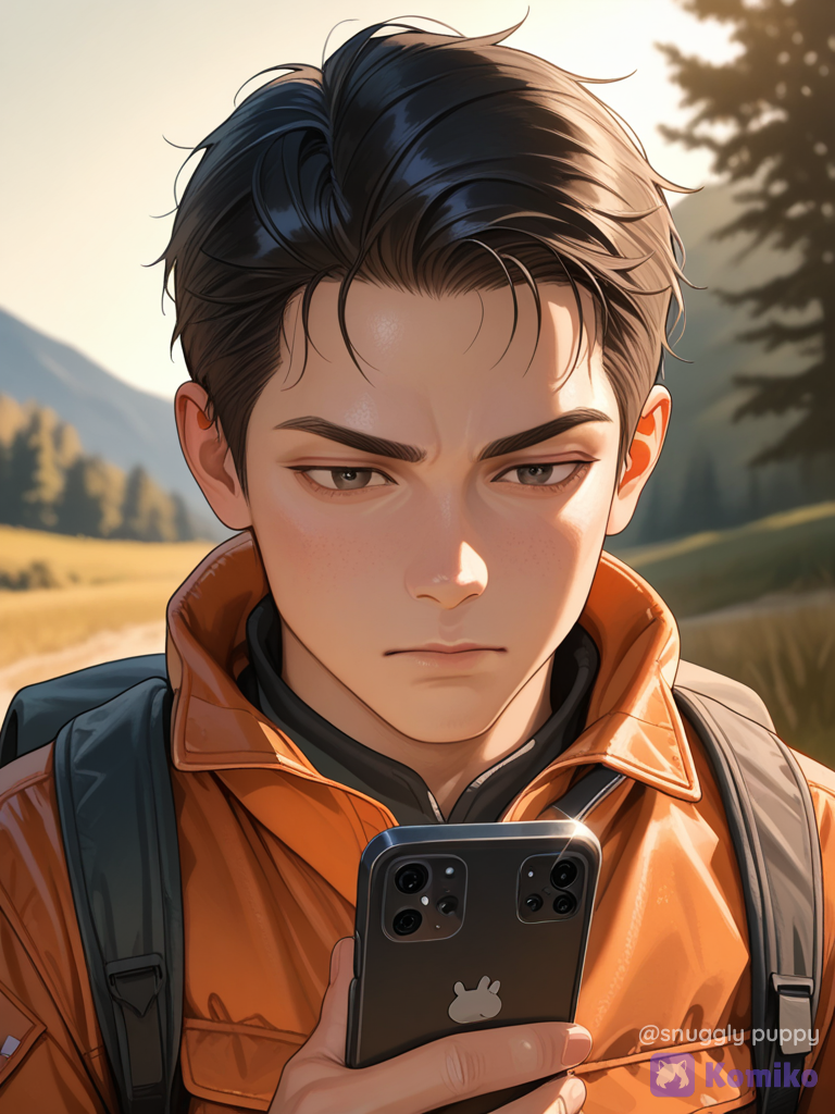 1boy, solo, looking at phone, portrait, outdoor adventure jacket, hiking jacket, realistic, face, sharp focus, soft natural lighting, serious expression, medium shot, daytime, blurred background, @Shinazugawa_Sanemi
