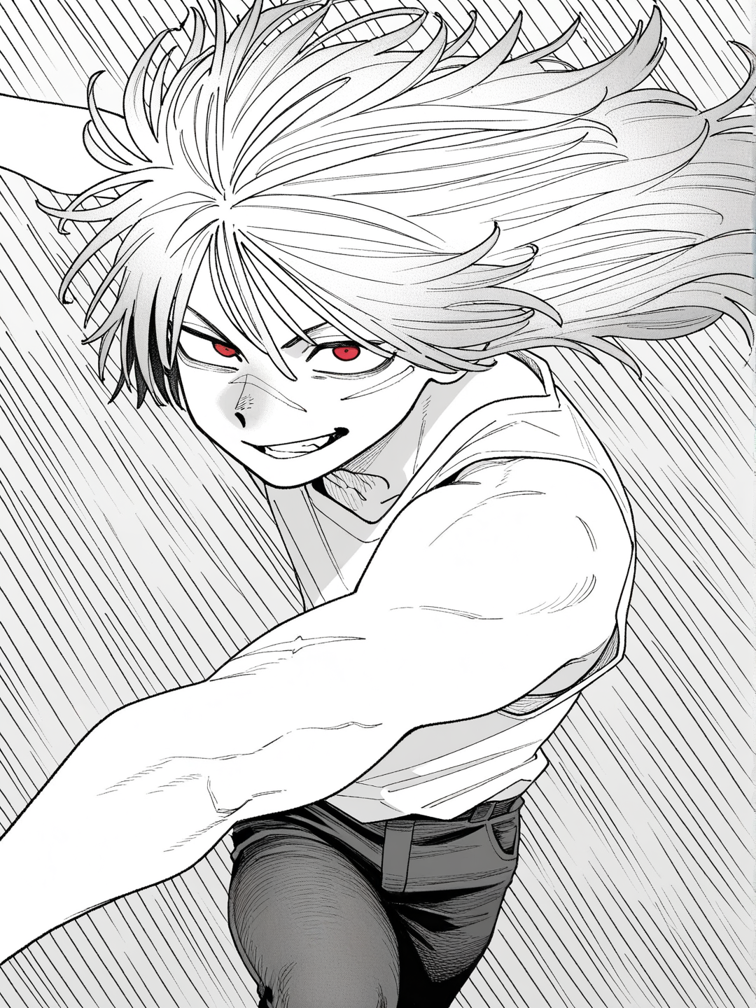 [grayscale-manga-style], 1boy, teenager, athletic, long hair, gray hair, white hair, green hair, red eyes, scar