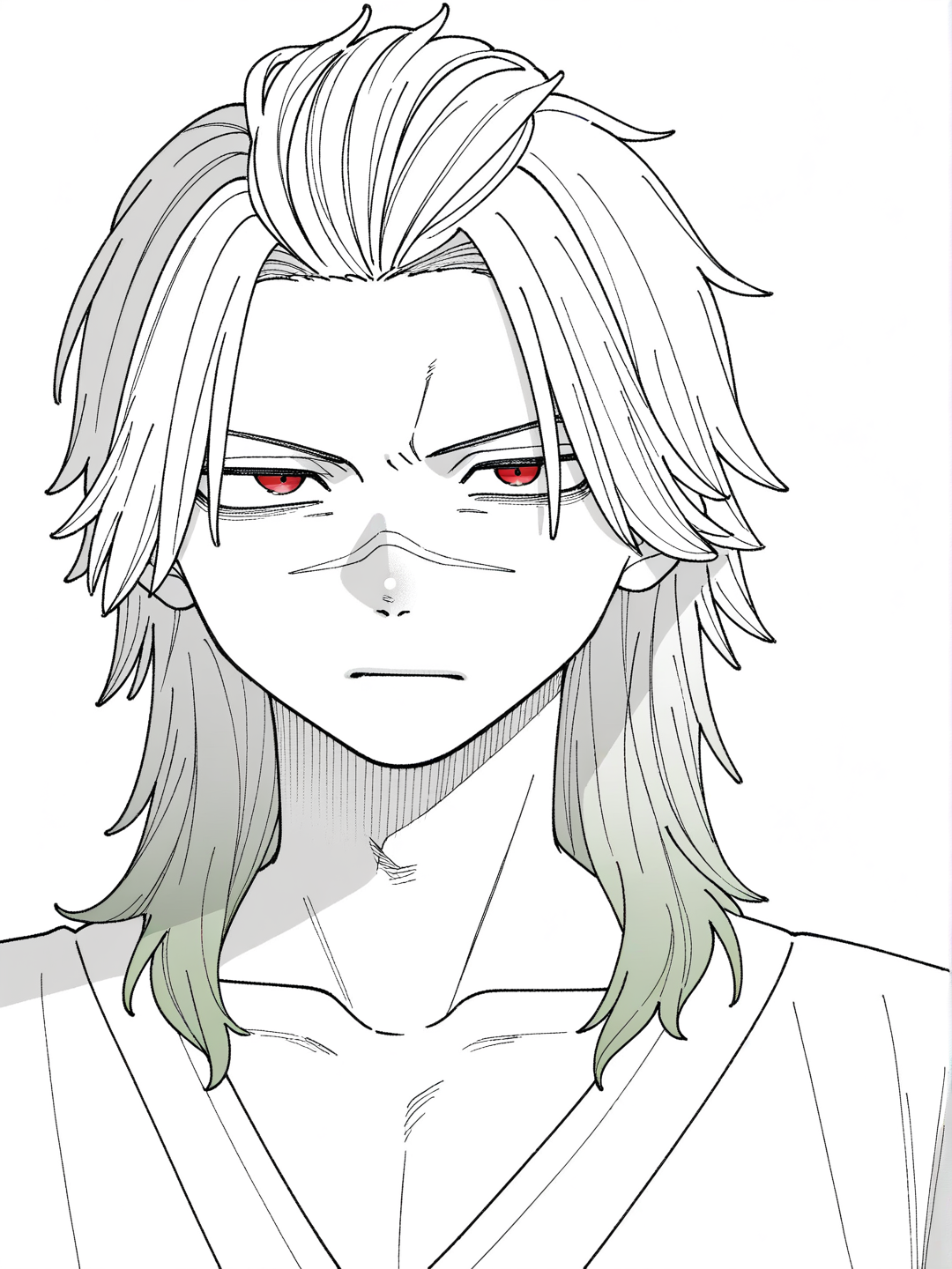 [grayscale-manga-style], 1boy, teenager, athletic, long hair, gray hair, white hair, green hair, red eyes, scar