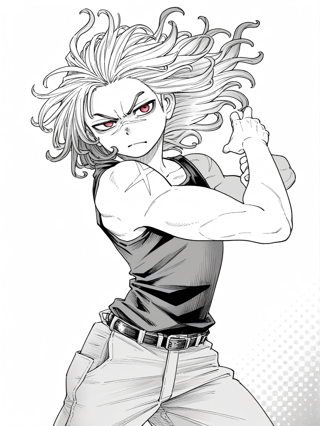 [grayscale-manga-style], 1boy, teenager, athletic, long hair, gray hair, white hair, green hair, red eyes, scar