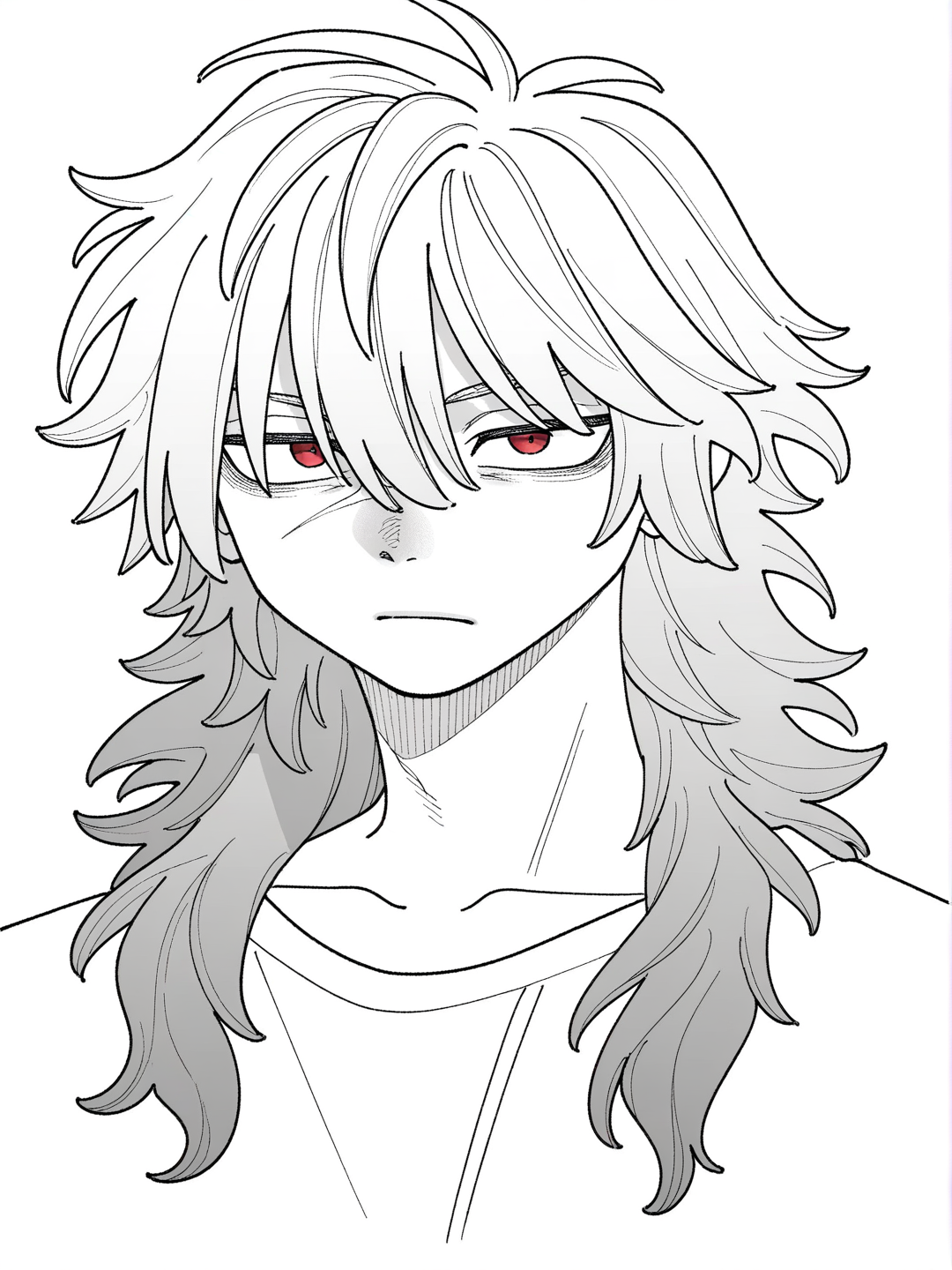 [grayscale-manga-style], 1boy, teenager, athletic, long hair, gray hair, white hair, green hair, red eyes, scar