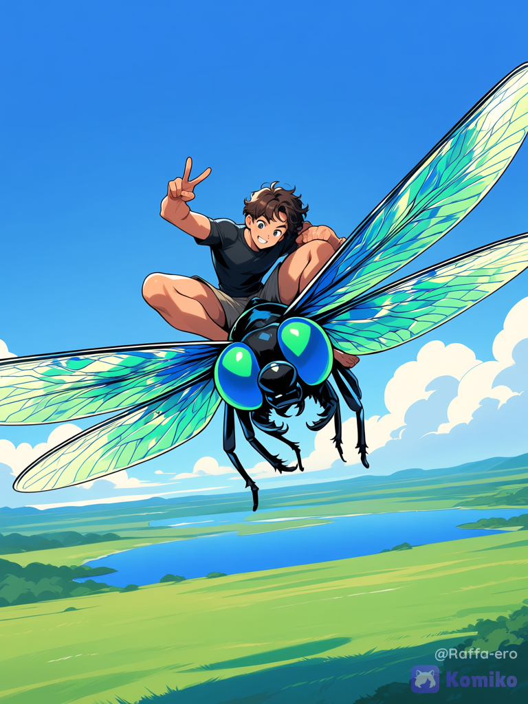 A muscular male surfer with wavy brown hair is riding barefoot on the back of a giant, shimmering blue-green dragonfly, without a surfboard. The image features an anime-inspired style characterized by clean outlines, cel-shaded coloring, and vibrant hues. Both the surfer and the dragonfly are gazing downward, looking in the same direction. The surfer strikes a dynamic yet stable pose, positioning his feet on the dragonfly's back as if riding a surfboard and extending one arm outward. They are flying low over a vast green meadow and a nearby calm blue . It is a bright, sunny day, with soft white s drifting across a clear . Combining anime aesthetics with a grand composition, the image evokes a sense of freedom and the spirit of adventure., lake, field, v sign, t-shirt