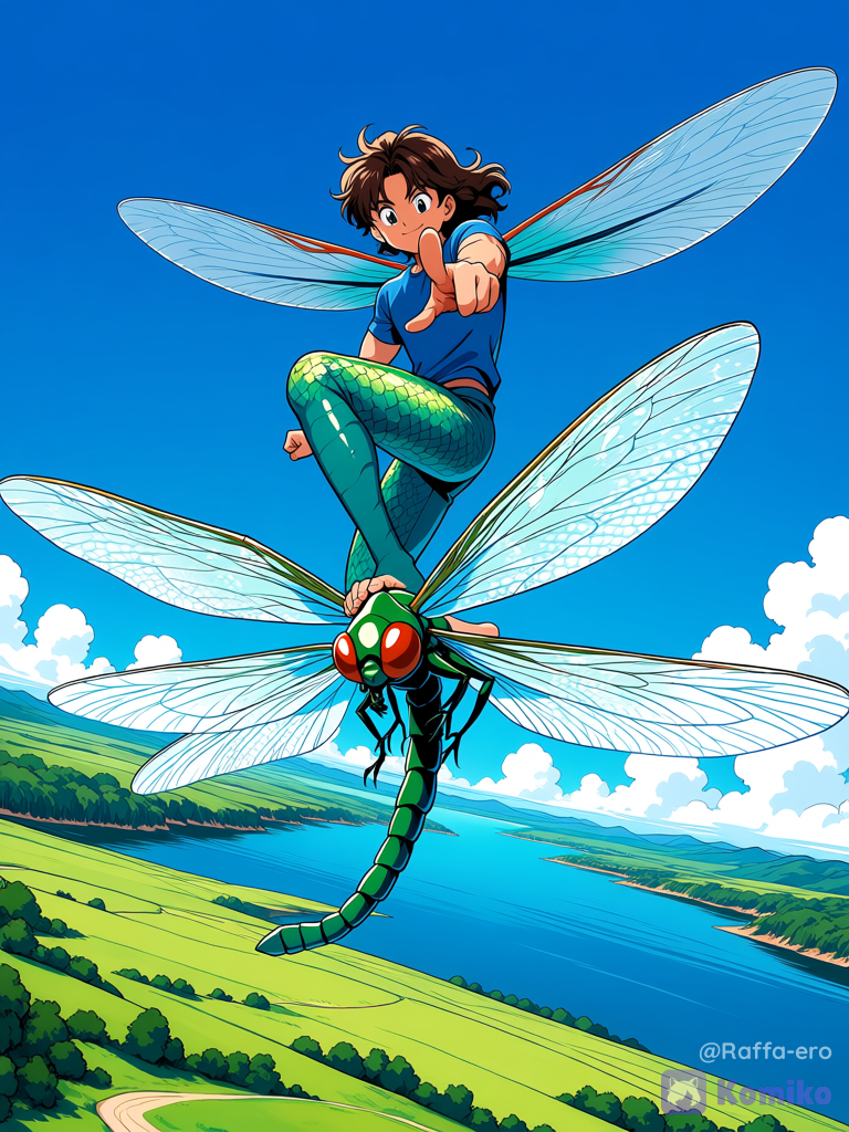 A muscular male surfer with wavy brown hair is riding barefoot on the back of a giant, shimmering blue-green dragonfly, without a surfboard. The image features an anime-inspired style characterized by clean outlines, cel-shaded coloring, and vibrant hues. Both the surfer and the dragonfly are gazing downward, looking in the same direction. The surfer strikes a dynamic yet stable pose, positioning his feet on the dragonfly's back as if riding a surfboard and extending one arm outward. They are flying low over a vast green meadow and a nearby calm blue . It is a bright, sunny day, with soft white s drifting across a clear . Combining anime aesthetics with a grand composition, the image evokes a sense of freedom and the spirit of adventure., lake, field, t-shirt, pointing at viewer