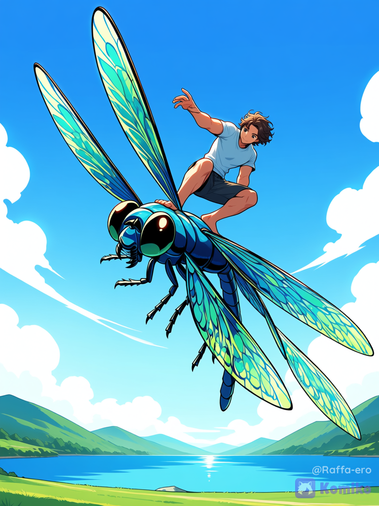 A muscular male surfer with wavy brown hair is riding barefoot on the back of a giant, shimmering blue-green dragonfly, without a surfboard. The image features an anime-inspired style characterized by clean outlines, cel-shaded coloring, and vibrant hues. Both the surfer and the dragonfly are gazing downward, looking in the same direction. The surfer strikes a dynamic yet stable pose, positioning his feet on the dragonfly's back as if riding a surfboard and extending one arm outward. They are flying low over a vast green meadow and a nearby calm blue . It is a bright, sunny day, with soft white s drifting across a clear . Combining anime aesthetics with a grand composition, the image evokes a sense of freedom and the spirit of adventure., lake, field, t-shirt, floating