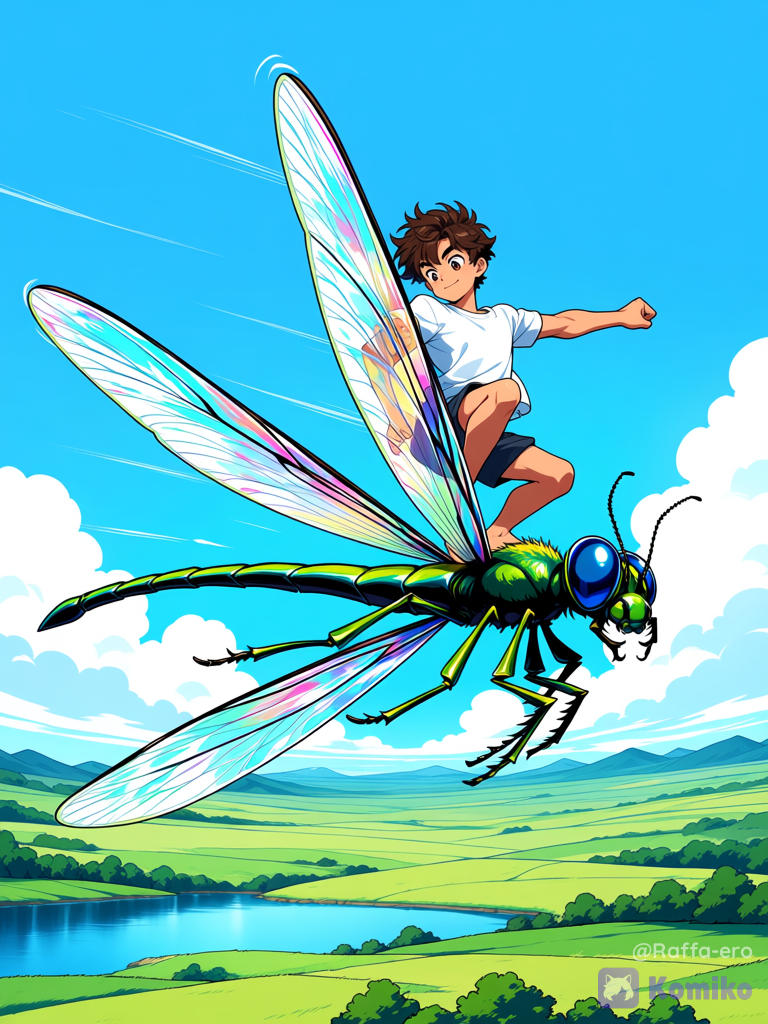 A muscular male surfer with wavy brown hair is riding barefoot on the back of a giant, shimmering blue-green dragonfly, without a surfboard. The image features an anime-inspired style characterized by clean outlines, cel-shaded coloring, and vibrant hues. Both the surfer and the dragonfly are gazing downward, looking in the same direction. The surfer strikes a dynamic yet stable pose, positioning his feet on the dragonfly's back as if riding a surfboard and extending one arm outward. They are flying low over a vast green meadow and a nearby calm blue . It is a bright, sunny day, with soft white s drifting across a clear . Combining anime aesthetics with a grand composition, the image evokes a sense of freedom and the spirit of adventure., lake, field, t-shirt, waving