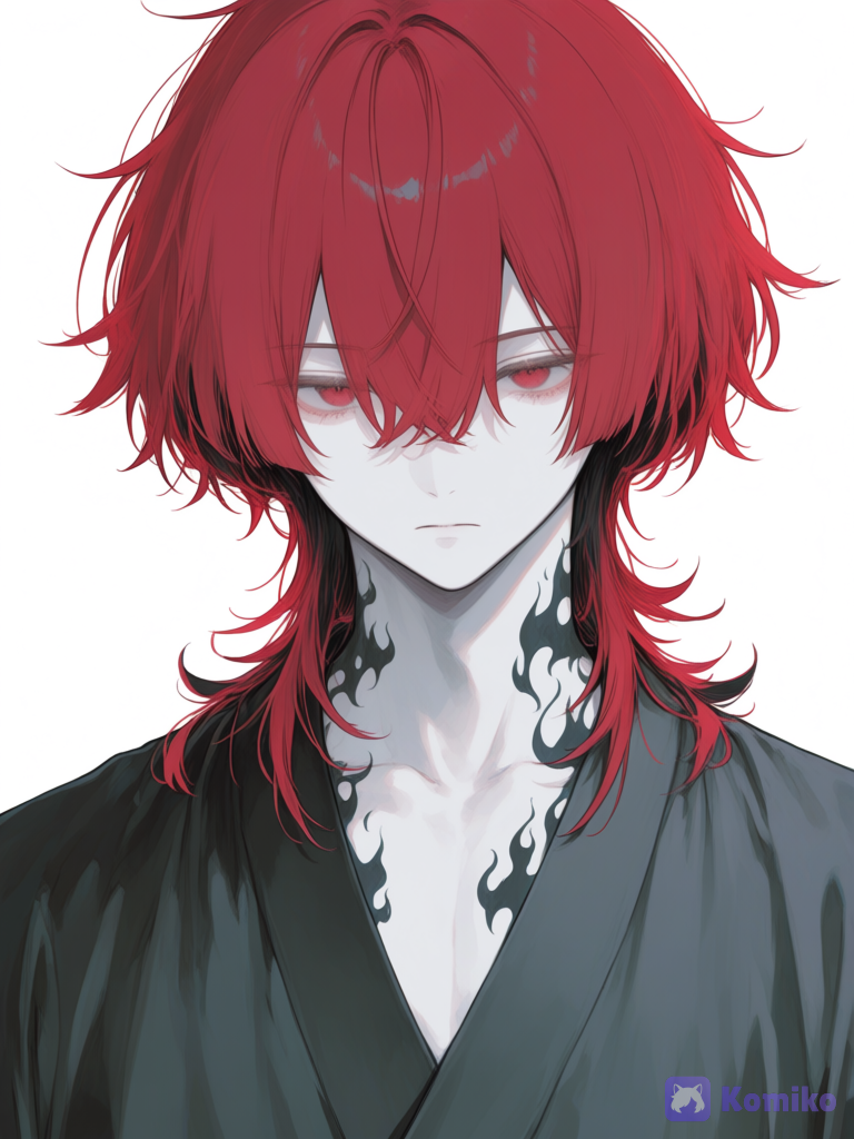 [sweet-pastel-style], 1boy, wolfcut hair, expressionless, black kimono, flame marks on body, charcoal black, red hair, messy hair, full body, headshot, portrait, clean background, pale color, anime coloring, soft shadow