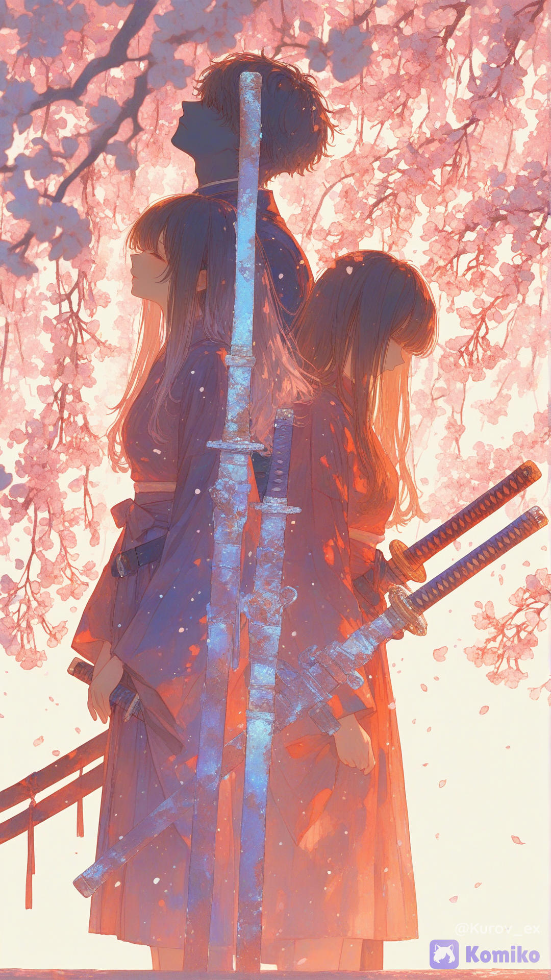 动漫风格，男女武士并肩而立，不再剑指，彼此间开始流露出柔和的信任，微风轻拂，樱花盛开，气氛略带苦涩，昔日的敌人正在化解隔阂，充满情感与希望。超高清8K动漫插画，风格荒诞，评分9分，8分以上，7分以上，细节极其丰富，纹理细腻，线条流畅清晰，画面极具戏剧性的电影级光效，强烈的轮廓光，柔和的体积光，微妙的光束，精致的光粒子，柔和的光晕，优雅的氛围，景深出色，构图惊艳，2D奇幻动画美学，明亮美丽的奇幻氛围，高品质插画，精细的灯光，柔和的阴影控制，丰富和谐的色彩，清晰的细节，锐利的焦点，干净细腻的纹理，精湛的渲染，细致的材质渲染，微妙的金属光泽，优雅的高光，平衡的对比度，大气的深度，精雕细琢的电影级效果。。。, [sweet-painting-style]