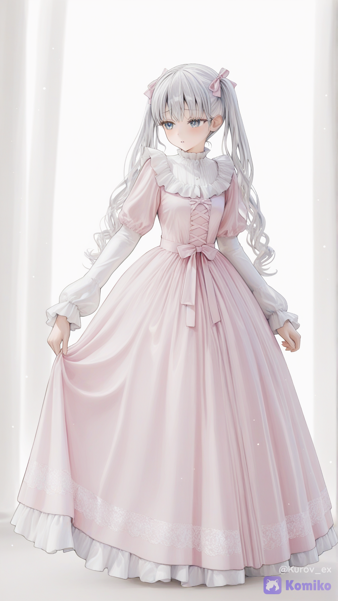 Full body shot of a sweet Lolita-style young woman, standing, shy and easily flustered expression, downcast eyelids, gaze looking slightly away from the viewer, soft noticeable blush on cheeks, slightly furrowed brows, lips slightly parted, long straight silver-white hair in twin tails, simple light pink ribbon bows on the twin tails, warm soft peachy skin tone, gentle diffused soft lighting, wearing a sweet pink dress with soft ruffles and bow details, loose natural flowy silhouette, delicate satin and chiffon fabric, elegant and modest, delicate and vulnerable atmosphere, cozy and innocent mood, full body, head to toe, high detail, soft colors, beautiful lighting --ar 3:4 --stylize 250, (), ultra-8k anime illustration, absurdres, score_9, score_8_up, score_7_up, extreme intricate details, rich textures, immaculate lineart, clean sharp lines, dramatic cinematic lighting, strong rim lighting, soft volumetric lighting, subtle god rays, delicate light particles, gentle glow, elegant atmosphere, depth of field, stunning composition, 2D fantasy animation aesthetic, bright beautiful fantasy atmosphere, illustration, refined lighting, controlled soft shadows, rich harmonious colors, crisp details, sharp focus, clean refined textures, polished rendering, material rendering, subtle metallic reflections, elegant highlights, balanced contrast, atmospheric depth, polished cinematic finish, [soft-glossy-style]