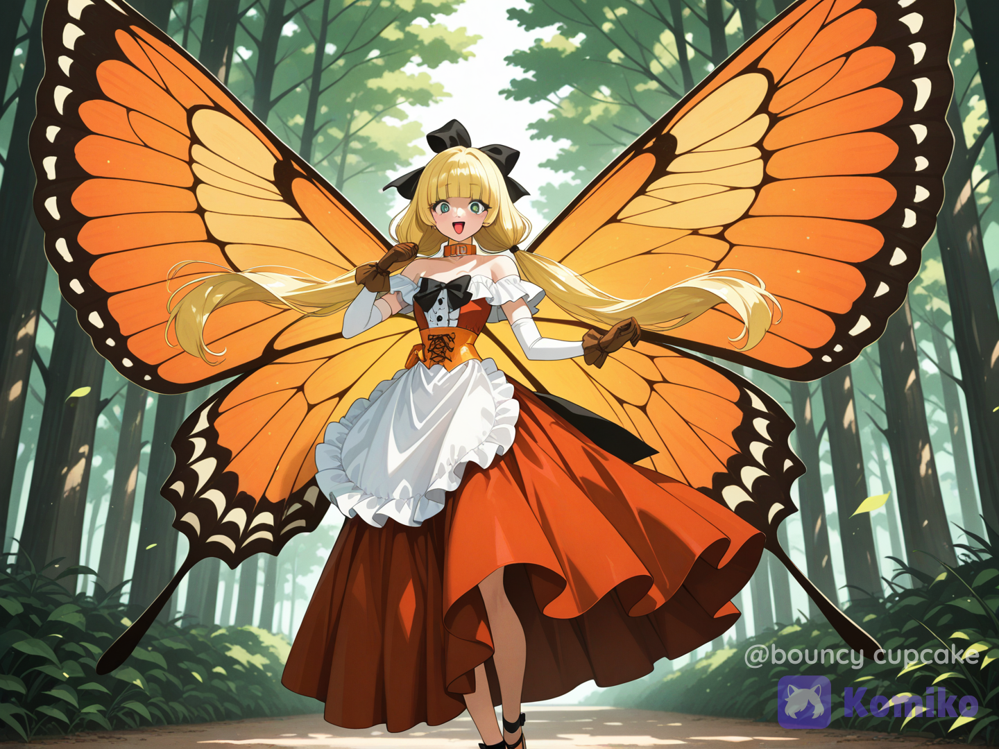 【畫風】
Late-1990s Japanese PC bishoujo game CG, anime style, classic visual novel illustration, anime illustration, painterly rendering, airbrush gradients, refined anime proportions, soft painterly rendering with airbrush gradients, nostalgic digital painting, hair strands, luminous skin, realistic fabric folds, premium fantasy RPG key visual, clear outline, delicate and expressive contours, subtle skin ranslucency effect, subtle skin reflections, flawless skin, exquisite detail, perfect anatomy, expressive eyes, anime style
【角色名字】芳妮
【角色核心】
年輕女性，
直髮（顏色：#EEBB55），髮量多，髮質偏硬，
瞳孔顏色：#44A944，
修長雙腿，健康體態，
內向溫和，背後有一對巨大的羽翼（顏色：#CC7711）
【臉部】
橢圓臉，小巧鼻樑，柔和下巴，細長的眼睛，細長柳葉眉，自然紅唇，精緻五官，寫實動漫比例
【髮型】
厚重齊瀏海，瀏海長度完全遮蓋眼睛，雙耳前各有一大束頭髮蓬鬆垂落（長度到脖子），其餘頭髮用黑色寬髮帶綁成巨大的辮子、長度到臀部、髮尾向外放射成蝴蝶翅膀般的細束
【飾品】
脖子上戴著皮革寬頸圈（顏色：#CC7711），頸圈下有白色Katyusha形布製裝飾
【上身】
低胸無肩帶無袖連身圍裙（顏色：#CCCCFF），雙肩上有白色Katyusha形寬幅布製裝飾，
雙手戴著緊身手套（顏色：#442211），長度到Katyusha形寬幅布製裝飾，緊身手套外戴著白色手套（長度到手肘）、手套頂部有波浪形裝飾
【外衣】
無
【腰部】
無
【裙褲】
薄紗長裙（顏色#EE3333），長度到腳踝略上方
【鞋襪】
咖啡色短靴
【姿勢】
稍微張開羽翼，奔跑的姿勢，看著觀眾
【表情】
訝異的笑容，嘴巴微微張開 【背景】（模糊化）
茂密的森林，柔和日光，景深
【光線】
陽光，
cinematic lighting, soft bloom, volumetric lighting, soft highlights
【品質】
ultra ultra-HD 8K anime illustration