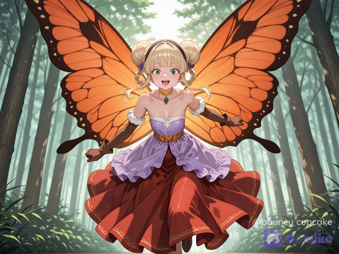 【畫風】
Late-1990s Japanese PC bishoujo game CG, anime style, classic visual novel illustration, anime illustration, painterly rendering, airbrush gradients, refined anime proportions, soft painterly rendering with airbrush gradients, nostalgic digital painting, hair strands, luminous skin, realistic fabric folds, premium fantasy RPG key visual, clear outline, delicate and expressive contours, subtle skin ranslucency effect, subtle skin reflections, flawless skin, exquisite detail, perfect anatomy, expressive eyes, anime style
【角色名字】芳妮
【角色核心】
年輕女性，
直髮（顏色：#EEBB55），髮量多，髮質偏硬，
瞳孔顏色：#44A944，
修長雙腿，健康體態，
內向溫和，背後有一對巨大的羽翼（顏色：#CC7711）
【臉部】
橢圓臉，小巧鼻樑，柔和下巴，細長的眼睛，細長柳葉眉，自然紅唇，精緻五官，寫實動漫比例
【髮型】
厚重齊瀏海，瀏海長度完全遮蓋眼睛，雙耳前各有一大束頭髮蓬鬆垂落（長度到脖子），其餘頭髮用黑色寬髮帶綁成巨大的辮子、長度到臀部、髮尾向外放射成蝴蝶翅膀般的細束
【飾品】
脖子上戴著皮革寬頸圈（顏色：#CC7711），頸圈下有白色Katyusha形布製裝飾
【上身】
低胸無肩帶無袖連身圍裙（顏色：#CCCCFF），雙肩上有白色Katyusha形寬幅布製裝飾，
雙手戴著緊身手套（顏色：#442211），長度到Katyusha形寬幅布製裝飾，緊身手套外戴著白色手套（長度到手肘）、手套頂部有波浪形裝飾
【外衣】
無
【腰部】
無
【裙褲】
薄紗長裙（顏色#EE3333），長度到腳踝略上方
【鞋襪】
咖啡色短靴
【姿勢】
稍微張開羽翼，奔跑的姿勢，看著觀眾
【表情】
訝異的笑容，嘴巴微微張開 【背景】（模糊化）
茂密的森林，柔和日光，景深
【光線】
陽光，
cinematic lighting, soft bloom, volumetric lighting, soft highlights
【品質】
ultra ultra-HD 8K anime illustration, [soft-luminous-anime-style]