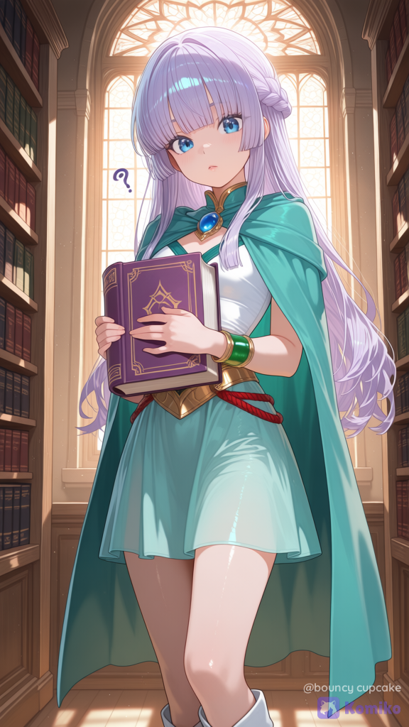 【角色核心】1girl，略卷的直髮（顏色：淡紫色），髮質偏硬，頭髮蓬鬆，瞳孔顏色：藍色，纖細體型，，胸部略小，高挑身材，修長雙腿，健康體態
【臉部】橢圓臉，小巧鼻樑，柔和下巴，眼睛大而圓，細長柳葉眉，自然紅唇，精緻五官，寫實動漫比例
【髮型】厚重齊瀏海，瀏海末端切平，兩鬢邊垂下一束小辮子，其餘頭髮自然披散背後、長度到腰部
【飾品】脖子上戴著20公分寬的金色頸圈，頸圈上有密集的斜直紋路，頸圈中間鑲嵌著一顆橢圓形紅色寶珠，左手腕戴著檸檬綠色手鐲，手鐲上交叉纏繞著紅色細皮繩
【上身】檸檬綠肚兜
【外衣】淺藍綠色斗篷，露出肩膀和半截上臂，胸口中間位置有一個鑲嵌藍色寶珠的扣環，長度到腰部
【腰部】金環，金環中間有一塊尖頭白布、長度到膝蓋，白布上有個紅色倒Y花紋
【裙褲】淺藍綠色薄紗長裙、長度到膝蓋
【鞋襪】白色短靴
【姿勢】站姿，雙手把一本紫色封皮精裝書抱在胸前，頭部稍微低下，看著觀眾
【表情】不知所措的表情
【能力特效】
【背景】奇幻RPG風格的圖書館內部，大落地窗，
柔和日光，
景深
【光線】充足的環境光，寫實的陰影，shiny hair, cinematic lighting, soft bloom, volumetric lighting, soft highlights
【品質】ultra ultra-HD 8K anime illustration, [soft-luminous-anime-style]