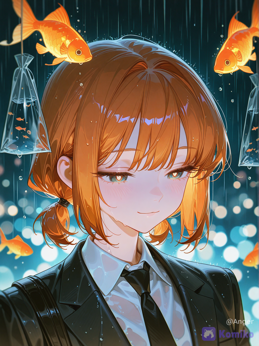 [high-gloss-illustration-style], @sen-chuan-xi-morikawa-yuu-qnOj, alternate costume, bright pupils, black suit, collared shirt, formal clothes, bag, bagged fish, fish, necktie, black necktie, rain, wet, suit jacket, white shirt, gold fish, night, dark, darkness, looking at animal, blue lighting, outdoors, depth of field, upper body, closeup, portrait, cowboy shot, ethereal lighting, glowing particles
