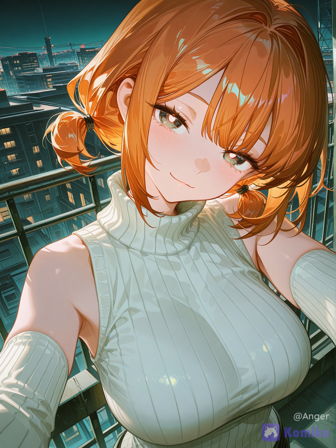 [high-gloss-illustration-style], @sen-chuan-xi-morikawa-yuu-qnOj, selfie, bright pupils, face focus, head tilt, building, city, cityscape, condenser unit, upper body, looking at viewer, portrait, closeup, from above, night, on rooftop, outdoors, power lines, radio antenna, railing, rooftop, scenery, shadow, sky, wide shot, window, ethereal lighting, glowing particles, sparkle, dark, darkness, ble lighting, side light, flickering light
