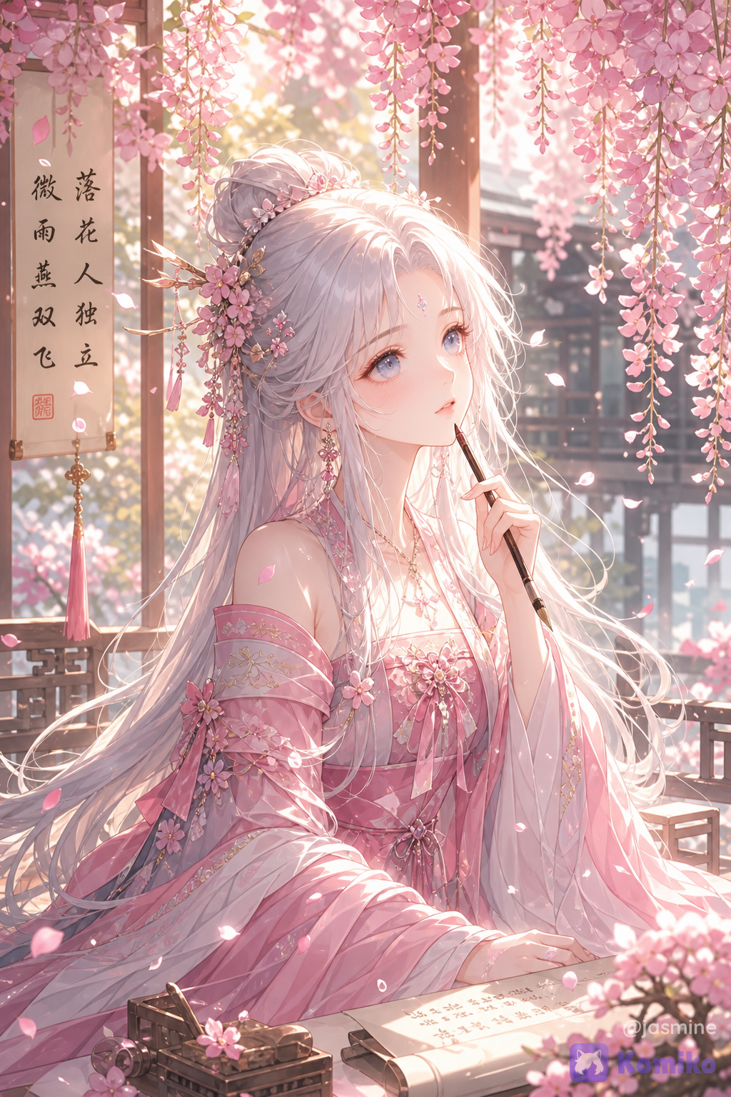 A graceful young woman with long silver-white hair sits peacefully beneath cascading pink wisteria blossoms. Her delicate blue eyes gaze softly into the distance, creating a calm and dreamy expression. She wears an elegant pink-and-white hanfu adorned with floral embroidery, flowing ribbons, and delicate accessories that enhance her gentle beauty.
Holding a writing brush lightly near her lips, she appears lost in thought, as if composing a poem or reflecting on a precious memory. Warm sunlight streams through the hanging flowers above, casting a soft golden glow across her face and clothing. Falling petals drift through the air, adding movement and a romantic atmosphere to the scene.
The background is filled with blooming flowers, traditional architectural elements, and decorative calligraphy, creating the feeling of a beautiful spring day in a fantasy ancient Chinese setting. The overall composition feels serene, elegant, and filled with the charm of a timeless fairytale. A silver-haired maiden sits beneath blooming wisteria, quietly lost in thought as petals dance through the warm spring light.
A graceful young woman with long silver-white hair sits peacefully beneath cascading pink wisteria blossoms. Her delicate blue eyes gaze softly into the distance, creating a calm and dreamy expression. She wears an elegant pink-and-white hanfu adorned with floral embroidery, flowing ribbons, and delicate accessories that enhance her gentle beauty.
Holding a writing brush lightly near her lips, she appears lost in thought, as if composing a poem or reflecting on a precious memory. Warm sunlight streams through the hanging flowers above, casting a soft golden glow across her face and clothing. Falling petals drift through the air, adding movement and a romantic atmosphere to the scene.
The background is filled with blooming flowers, traditional architectural elements, and decorative calligraphy, creating the feeling of a beautiful spring day in a fantasy ancient Chinese setting. The overall composition feels serene, elegant, and filled with the charm of a timeless fairytale.
A silver-haired maiden sits beneath blooming wisteria, quietly lost in thought as petals dance through the warm spring light.