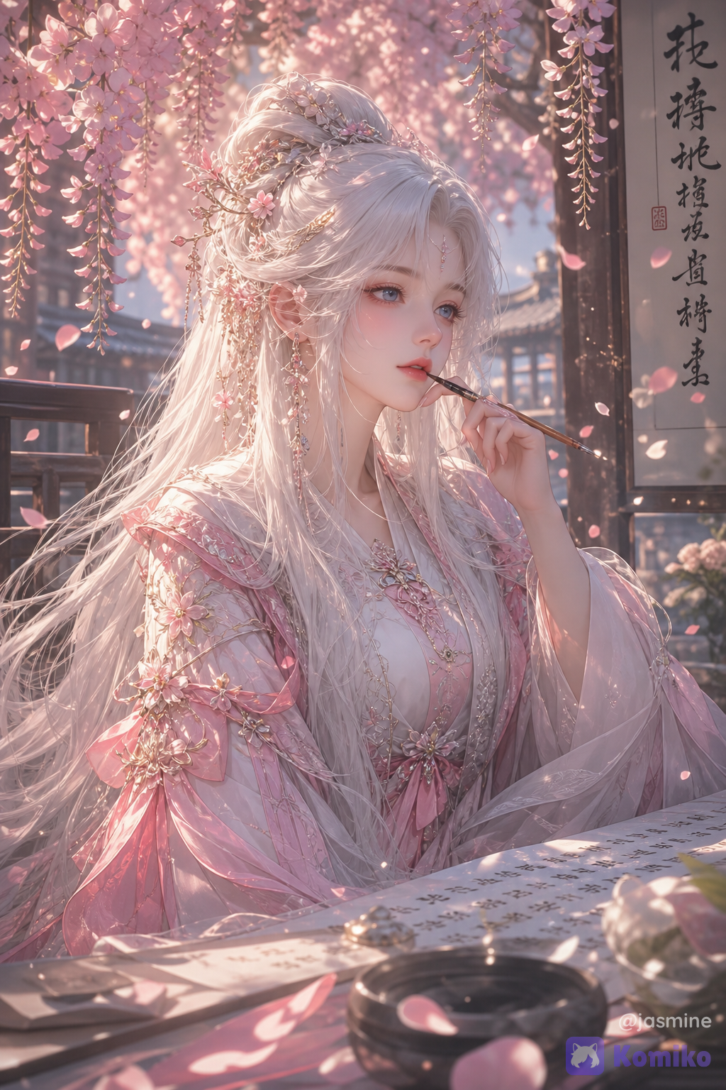 A graceful young woman with long silver-white hair sits peacefully beneath cascading pink wisteria blossoms. Her delicate blue eyes gaze softly into the distance, creating a calm and dreamy expression. She wears an elegant pink-and-white hanfu adorned with floral embroidery, flowing ribbons, and delicate accessories that enhance her gentle beauty.
Holding a writing brush lightly near her lips, she appears lost in thought, as if composing a poem or reflecting on a precious memory. Warm sunlight streams through the hanging flowers above, casting a soft golden glow across her face and clothing. Falling petals drift through the air, adding movement and a romantic atmosphere to the scene.
The background is filled with blooming flowers, traditional architectural elements, and decorative calligraphy, creating the feeling of a beautiful spring day in a fantasy ancient Chinese setting. The overall composition feels serene, elegant, and filled with the charm of a timeless fairytale. A silver-haired maiden sits beneath blooming wisteria, quietly lost in thought as petals dance through the warm spring light.
A graceful young woman with long silver-white hair sits peacefully beneath cascading pink wisteria blossoms. Her delicate blue eyes gaze softly into the distance, creating a calm and dreamy expression. She wears an elegant pink-and-white hanfu adorned with floral embroidery, flowing ribbons, and delicate accessories that enhance her gentle beauty.
Holding a writing brush lightly near her lips, she appears lost in thought, as if composing a poem or reflecting on a precious memory. Warm sunlight streams through the hanging flowers above, casting a soft golden glow across her face and clothing. Falling petals drift through the air, adding movement and a romantic atmosphere to the scene.
The background is filled with blooming flowers, traditional architectural elements, and decorative calligraphy, creating the feeling of a beautiful spring day in a fantasy ancient Chinese setting. The overall composition feels serene, elegant, and filled with the charm of a timeless fairytale.
A silver-haired maiden sits beneath blooming wisteria, quietly lost in thought as petals dance through the warm spring light.
Art Style Soft rendering Airbrush shading Semi-realistic anime Ethereal fantasy illustration Dreamy lighting Delicate linework Soft glow effects Elegant celestial aesthetic Misty, angelic atmosphere High-detail hair and fabric A graceful angel bathed in silver moonlight, surrounded by feathers, flowers, and an enchanting aura of serenity. Art style: ultra-glossy semi-realistic anime illustration, premium modern anime aesthetic, delicate facial features, realistic yet stylized skin rendering, highly eyes, polished linework, sophisticated digital painting, smooth gradients, subtle cel shading combined with soft realistic rendering, luminous highlights, translucent materials, intricate costume detailing, cinematic color grading, volumetric lighting, atmosphere, extremely high detail, sharp facial focus, soft background bokeh, beautiful reflective surfaces, quality, -level details. Composition: vertical 9:16 portrait, extremely close medium shot, character occupying most of the frame, face positioned near the upper center, body and elaborate costume extending toward the bottom of the image. Slightly low camera angle, shallow depth of field, cinematic framing, dynamic diagonal flow created by the hair