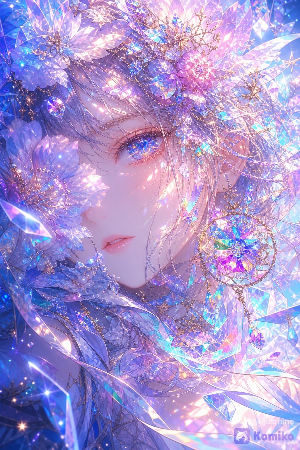 The character is shown in an extreme close-up pose, slightly tilted as if floating in a dreamlike world made of light and crystal fragments. One side of her face is partially hidden behind layers of translucent flowers, sparkling petals, and shimmering decorative elements that surround her like a magical aura.
She wears a delicate floral headpiece composed of layered blossoms, crystal ornaments, tiny gemstone accents, and iridescent decorative leaves. The accessory blends seamlessly into the surrounding flowers, creating the impression of a living crown made of light.
Near her ear hangs a large circular ornament resembling a crystal prism or stained-glass pendant. The accessory catches and reflects multiple colors, producing rainbow-like highlights that scatter across the image.
Her outfit features soft, flowing fabric decorated with translucent ribbons and petal-like layers. Thin strands of ribbon weave through the composition, twisting around crystal shards and floral decorations. The fabric appears lightweight and elegant, almost merging with the surrounding fantasy environment.
Sparkling crystal fragments of various sizes float around her. Some resemble shattered glass, while others look like polished gemstones suspended in midair. Tiny star-shaped lights and glowing particles are scattered throughout the scene, enhancing the magical atmosphere.
Colorful prism reflections in shades of blue, pink, violet, and turquoise spread across the clothing and accessories, creating an iridescent effect. The entire composition is filled with luminous decorative details, including flower petals, crystal dust, glowing sparkles, and rainbow light streaks.
The overall aesthetic combines fantasy, crystal elegance, and celestial beauty, giving the impression of a character surrounded by a world of flowers, gemstones, and refracted light.