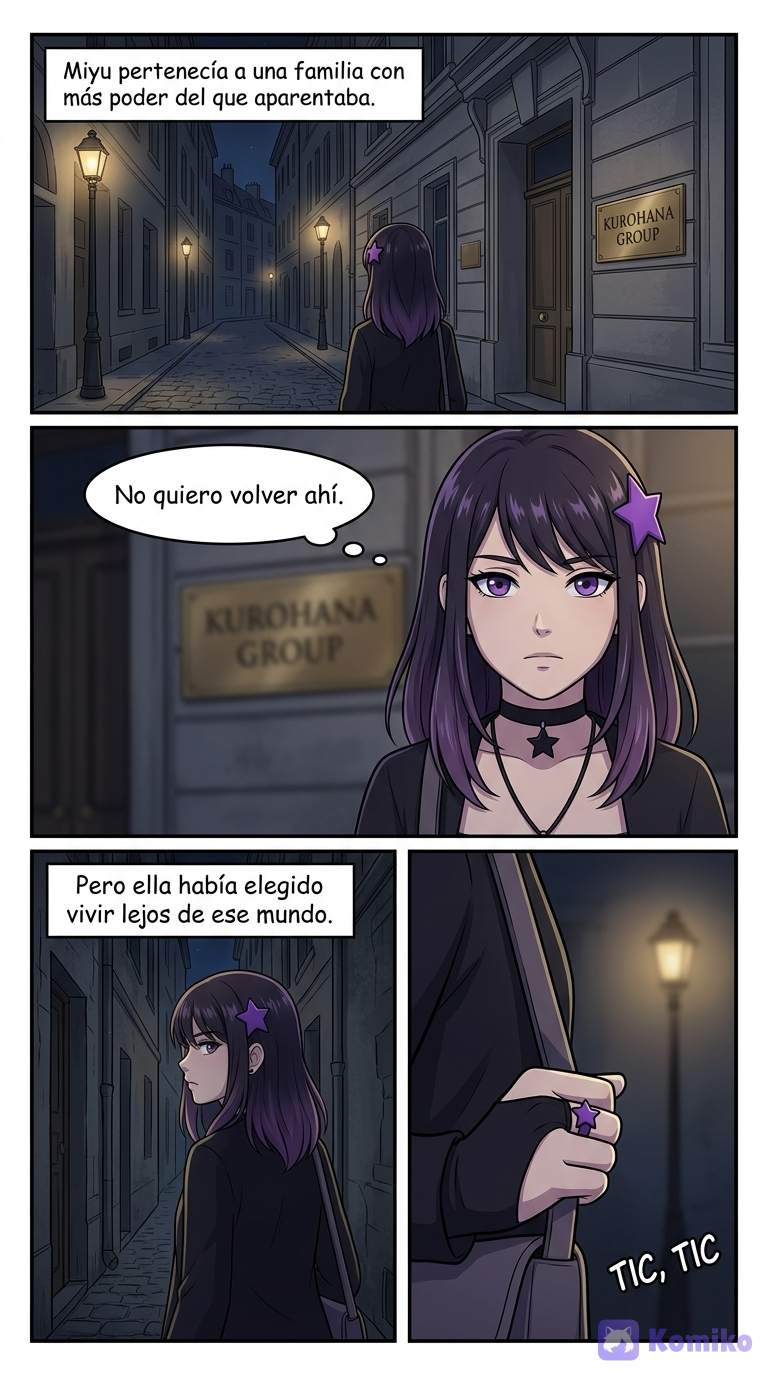@miyu-kurohana-3Z7g, @kerokat-UgeK PÁGINA 3 — La familia Kurohana Viñeta 1 — Miyu pasa frente a un edificio elegante. Un cartel discreto muestra: KUROHANA GROUP. Viñeta 2 — Se detiene unos segundos. Su expresión es seria, pero no triste. Miyu (pensamiento):
«No quiero volver ahí.» Viñeta 3 — Se aleja sin mirar atrás. Narrador:
«Miyu pertenecía a una familia que tenía mucho más poder del que aparentaba.» Viñeta 4 — Primer plano de su rostro. Narrador:
«Pero ella había elegido vivir lejos de ese mundo.» --- PÁGINA 4 — Algo la observa Viñeta 1 — Miyu camina por una calle más estrecha, con luces tenues y poca gente. Viñeta 2 — En el cristal de una tienda cerrada, ve el reflejo de una figura detrás de ella. Es su propia silueta… pero no se mueve al mismo tiempo que ella. Viñeta 3 — Se detiene en seco. Miyu:
«¿Hola?» No hay respuesta. Viñeta 4 — Gira la cabeza rápidamente. La calle está vacía. Miyu (pensamiento):
«Juraría que alguien venía detrás de mí.» --- PÁGINA 5 — La otra Miyu Viñeta 1 — Miyu camina más rápido y dobla una esquina. Viñeta 2 — Al final de la calle, bajo un farol, hay una figura. Es ella. Exactamente igual. Ropa, postura, incluso el mismo mechón de pelo suelto. Miyu:
«…¿Qué?» Viñeta 3 — La otra Miyu sonríe. Es una sonrisa que Miyu nunca ha hecho. OTRA MIYU:
«Hola, Miyu.» Viñeta 4 — Miyu no se mueve. Solo observa, con los ojos ligeramente abiertos. Miyu (pensamiento):
«No… eso no soy yo.» --- PÁGINA 6 — La máscara perfecta Viñeta 1 — La otra Miyu da un paso adelante. OTRA MIYU:
«¿Qué pasa? ¿No te alegras de verme?» Viñeta 2 — Miyu retrocede instintivamente. Miyu:
«Tú no eres yo.» OTRA MIYU:
«Claro que sí. Míranos… somos idénticas.» Viñeta 3 — La otra Miyu inclina la cabeza. El gesto es mecánico, como si estuviera aprendiendo a moverse. OTRA MIYU:
«¿O acaso… tú también eres una imitación?» Viñeta 4 — Miyu siente un escalofrío. No es miedo a la violencia. Es miedo a no poder demostrar quién es realmente.
