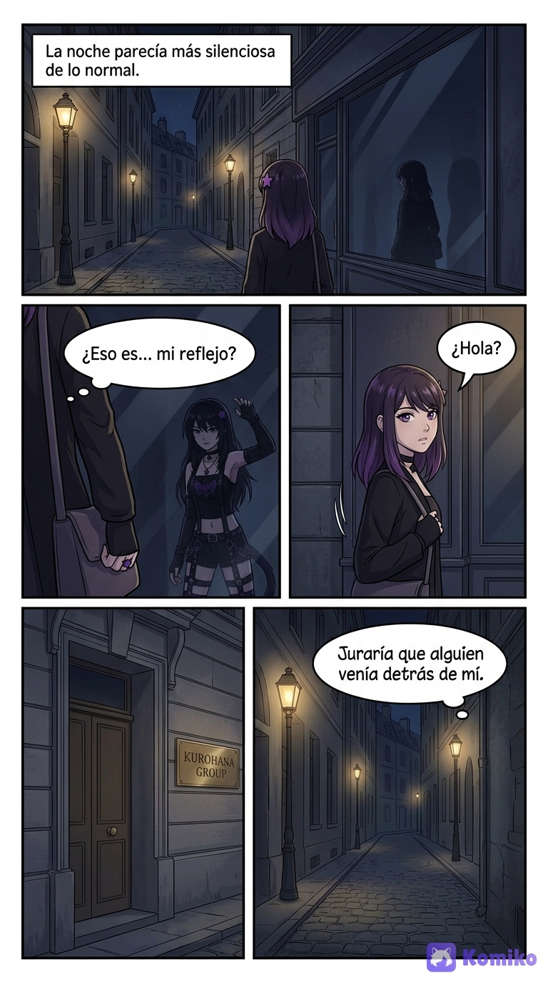 @miyu-kurohana-3Z7g, @kerokat-UgeK PÁGINA 3 — La familia Kurohana Viñeta 1 — Miyu pasa frente a un edificio elegante. Un cartel discreto muestra: KUROHANA GROUP. Viñeta 2 — Se detiene unos segundos. Su expresión es seria, pero no triste. Miyu (pensamiento):
«No quiero volver ahí.» Viñeta 3 — Se aleja sin mirar atrás. Narrador:
«Miyu pertenecía a una familia que tenía mucho más poder del que aparentaba.» Viñeta 4 — Primer plano de su rostro. Narrador:
«Pero ella había elegido vivir lejos de ese mundo.» --- PÁGINA 4 — Algo la observa Viñeta 1 — Miyu camina por una calle más estrecha, con luces tenues y poca gente. Viñeta 2 — En el cristal de una tienda cerrada, ve el reflejo de una figura detrás de ella. Es su propia silueta… pero no se mueve al mismo tiempo que ella. Viñeta 3 — Se detiene en seco. Miyu:
«¿Hola?» No hay respuesta. Viñeta 4 — Gira la cabeza rápidamente. La calle está vacía. Miyu (pensamiento):
«Juraría que alguien venía detrás de mí.» --- PÁGINA 5 — La otra Miyu Viñeta 1 — Miyu camina más rápido y dobla una esquina. Viñeta 2 — Al final de la calle, bajo un farol, hay una figura. Es ella. Exactamente igual. Ropa, postura, incluso el mismo mechón de pelo suelto. Miyu:
«…¿Qué?» Viñeta 3 — La otra Miyu sonríe. Es una sonrisa que Miyu nunca ha hecho. OTRA MIYU:
«Hola, Miyu.» Viñeta 4 — Miyu no se mueve. Solo observa, con los ojos ligeramente abiertos. Miyu (pensamiento):
«No… eso no soy yo.» --- PÁGINA 6 — La máscara perfecta Viñeta 1 — La otra Miyu da un paso adelante. OTRA MIYU:
«¿Qué pasa? ¿No te alegras de verme?» Viñeta 2 — Miyu retrocede instintivamente. Miyu:
«Tú no eres yo.» OTRA MIYU:
«Claro que sí. Míranos… somos idénticas.» Viñeta 3 — La otra Miyu inclina la cabeza. El gesto es mecánico, como si estuviera aprendiendo a moverse. OTRA MIYU:
«¿O acaso… tú también eres una imitación?» Viñeta 4 — Miyu siente un escalofrío. No es miedo a la violencia. Es miedo a no poder demostrar quién es realmente.