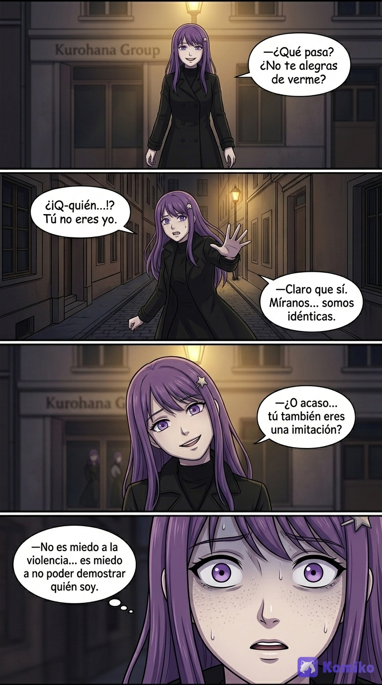 @miyu-kurohana-3Z7g, @kerokat-UgeK PÁGINA 3 — La familia Kurohana Viñeta 1 — Miyu pasa frente a un edificio elegante. Un cartel discreto muestra: KUROHANA GROUP. Viñeta 2 — Se detiene unos segundos. Su expresión es seria, pero no triste. Miyu (pensamiento):
«No quiero volver ahí.» Viñeta 3 — Se aleja sin mirar atrás. Narrador:
«Miyu pertenecía a una familia que tenía mucho más poder del que aparentaba.» Viñeta 4 — Primer plano de su rostro. Narrador:
«Pero ella había elegido vivir lejos de ese mundo.» --- PÁGINA 4 — Algo la observa Viñeta 1 — Miyu camina por una calle más estrecha, con luces tenues y poca gente. Viñeta 2 — En el cristal de una tienda cerrada, ve el reflejo de una figura detrás de ella. Es su propia silueta… pero no se mueve al mismo tiempo que ella. Viñeta 3 — Se detiene en seco. Miyu:
«¿Hola?» No hay respuesta. Viñeta 4 — Gira la cabeza rápidamente. La calle está vacía. Miyu (pensamiento):
«Juraría que alguien venía detrás de mí.» --- PÁGINA 5 — La otra Miyu Viñeta 1 — Miyu camina más rápido y dobla una esquina. Viñeta 2 — Al final de la calle, bajo un farol, hay una figura. Es ella. Exactamente igual. Ropa, postura, incluso el mismo mechón de pelo suelto. Miyu:
«…¿Qué?» Viñeta 3 — La otra Miyu sonríe. Es una sonrisa que Miyu nunca ha hecho. OTRA MIYU:
«Hola, Miyu.» Viñeta 4 — Miyu no se mueve. Solo observa, con los ojos ligeramente abiertos. Miyu (pensamiento):
«No… eso no soy yo.» --- PÁGINA 6 — La máscara perfecta Viñeta 1 — La otra Miyu da un paso adelante. OTRA MIYU:
«¿Qué pasa? ¿No te alegras de verme?» Viñeta 2 — Miyu retrocede instintivamente. Miyu:
«Tú no eres yo.» OTRA MIYU:
«Claro que sí. Míranos… somos idénticas.» Viñeta 3 — La otra Miyu inclina la cabeza. El gesto es mecánico, como si estuviera aprendiendo a moverse. OTRA MIYU:
«¿O acaso… tú también eres una imitación?» Viñeta 4 — Miyu siente un escalofrío. No es miedo a la violencia. Es miedo a no poder demostrar quién es realmente.