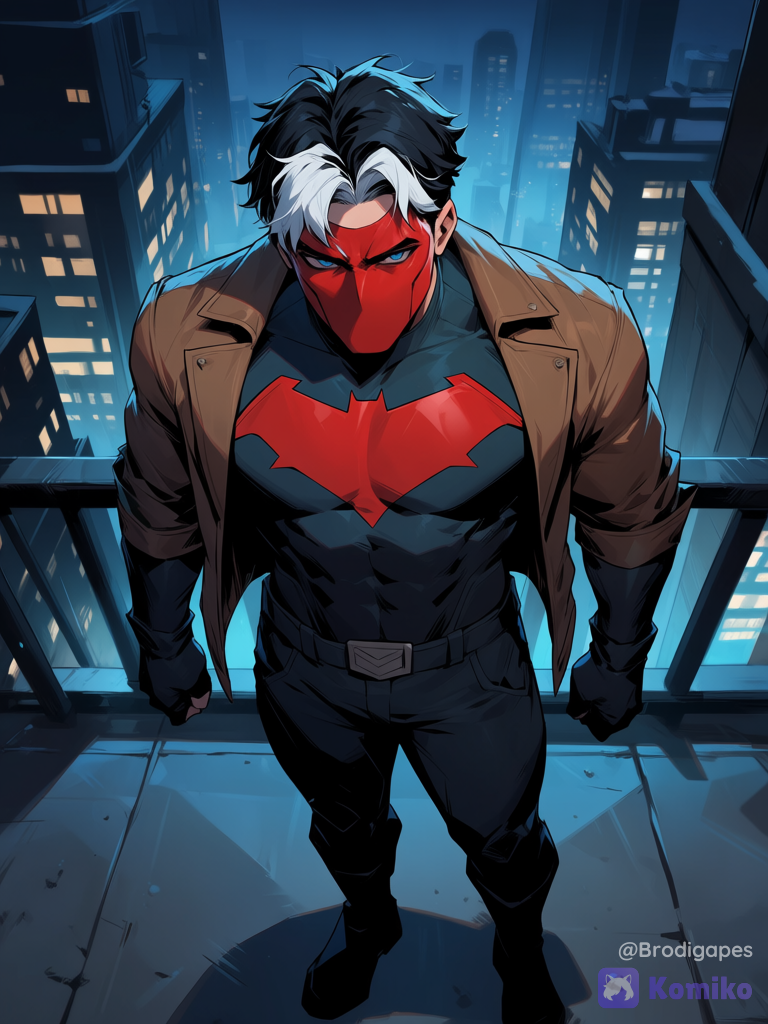 red hood \(dc\), dc comics, 1boy, blue eyes, short hair, black hair, white hair, two-tone hair, two-tone bodysuit, black gloves, brown jacket, black bodysuit, mask, black shirt, black pants, red mask, open jacket, two-tone bodysuit, superhero costume, muscular male, superhero costume, solo, rooftop, from above, full body, facing viewer, night